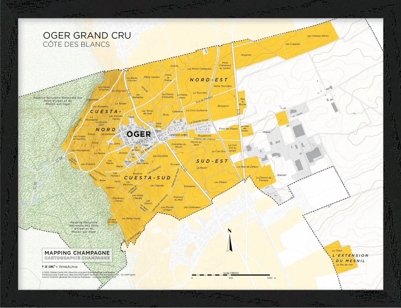 The De Long Oger Grand Cru, Côte des Blancs Framed map highlights Grand Cru areas in yellow around Oger village.