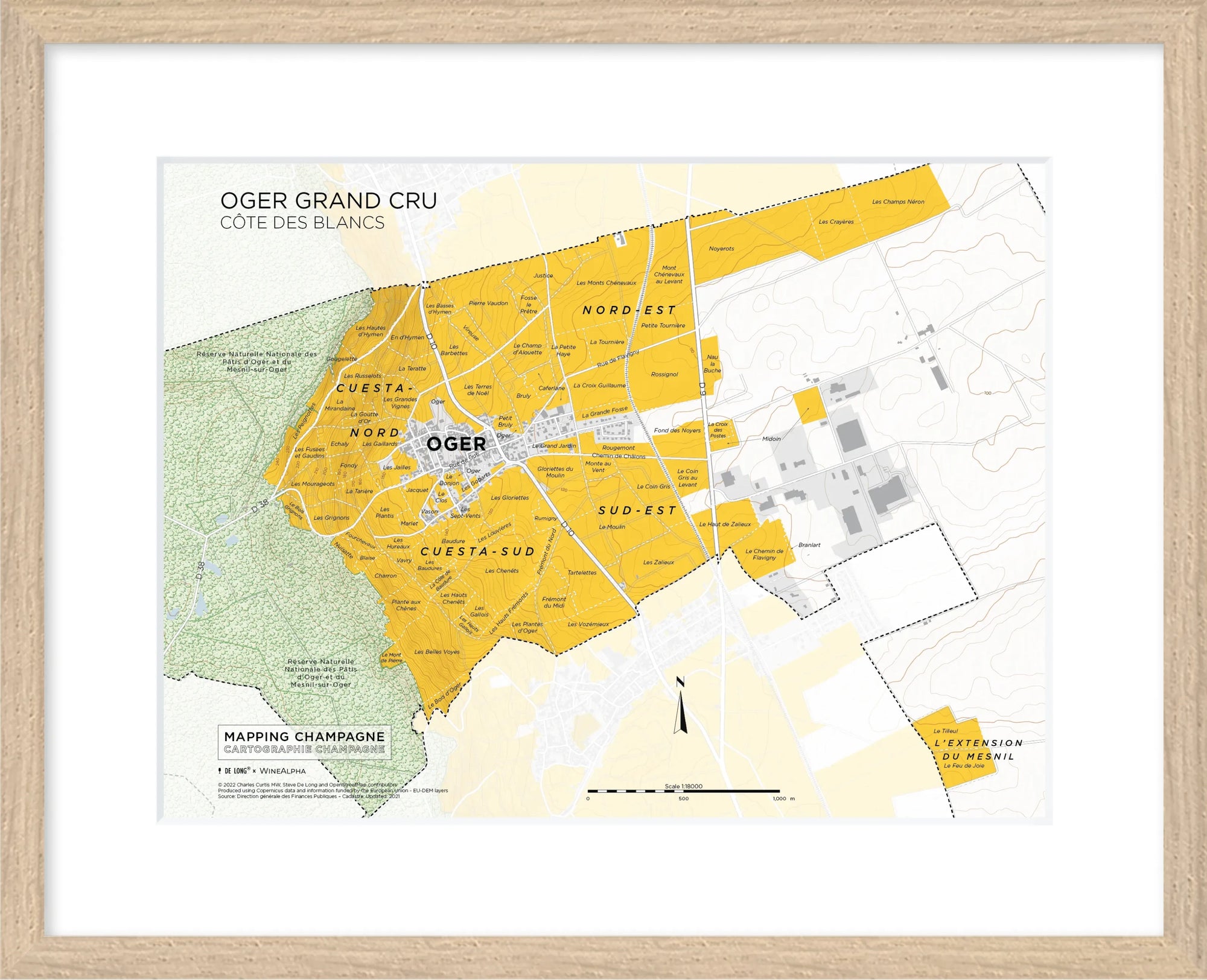 De Long's Oger Grand Cru, Côte des Blancs Framed Map highlights Grand Cru vineyards—ideal for mapping Champagne.