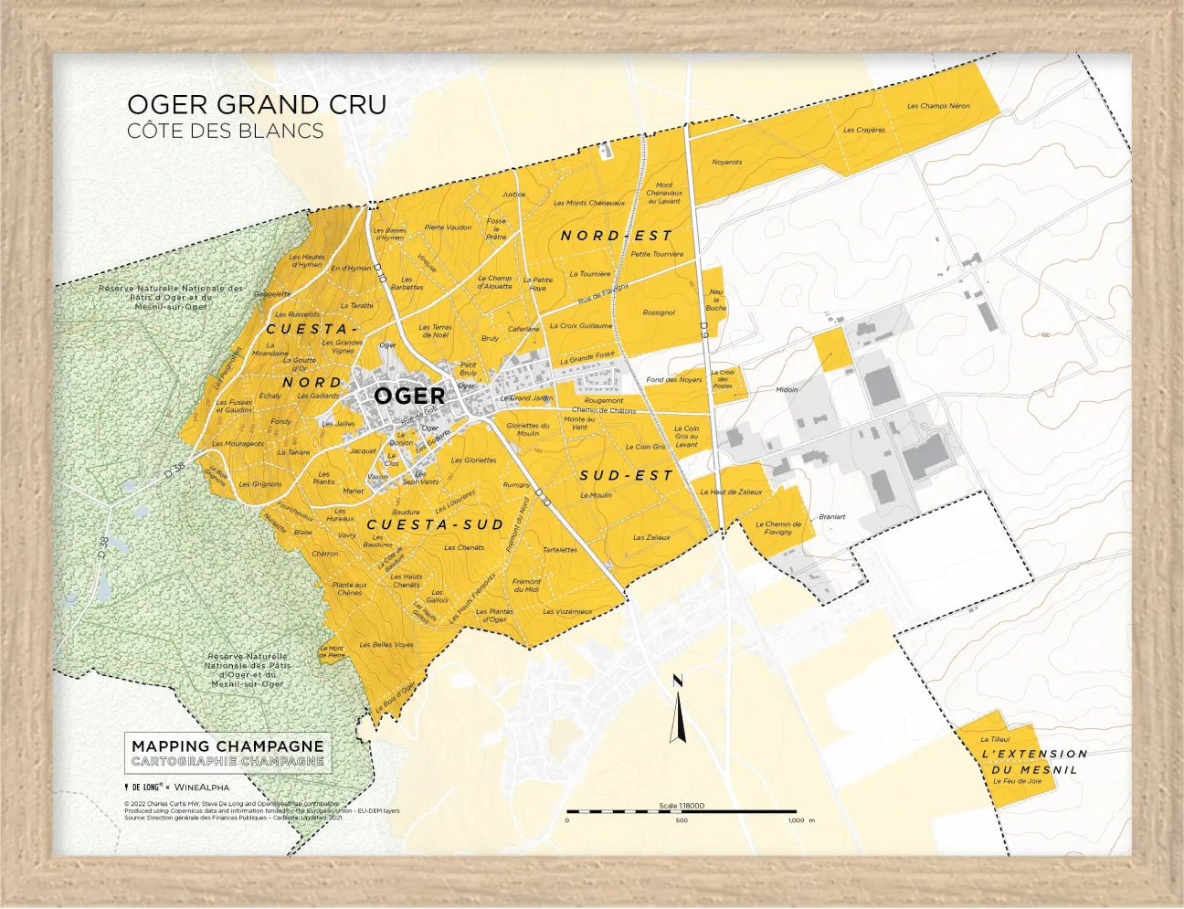 De Long's Oger Grand Cru, Côte des Blancs Framed map highlights vineyard parcels in yellow.