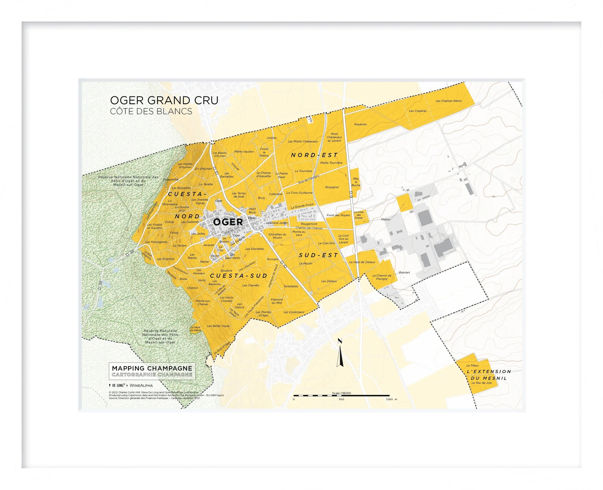 De Long’s Oger Grand Cru, Côte des Blancs Framed map highlights Grand Cru vineyards in yellow.