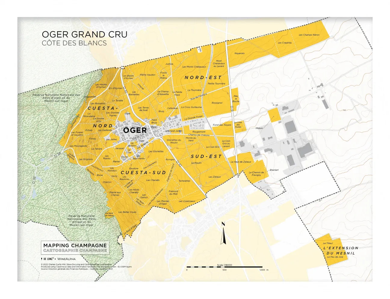 De Long Oger Grand Cru, Côte des Blancs map framed, with labeled vineyard plots and marked regions.