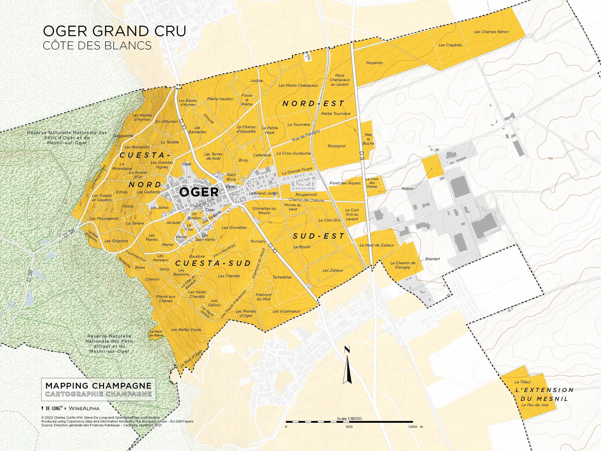 A detailed Oger Grand Cru, Côte des Blancs map highlights the Champagne region with vineyard areas shaded yellow, labeled by sections and directions. It also shows roads, neighboring regions, and village details.