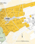 A detailed Oger Grand Cru, Côte des Blancs map highlights the Champagne region with vineyard areas shaded yellow, labeled by sections and directions. It also shows roads, neighboring regions, and village details.
