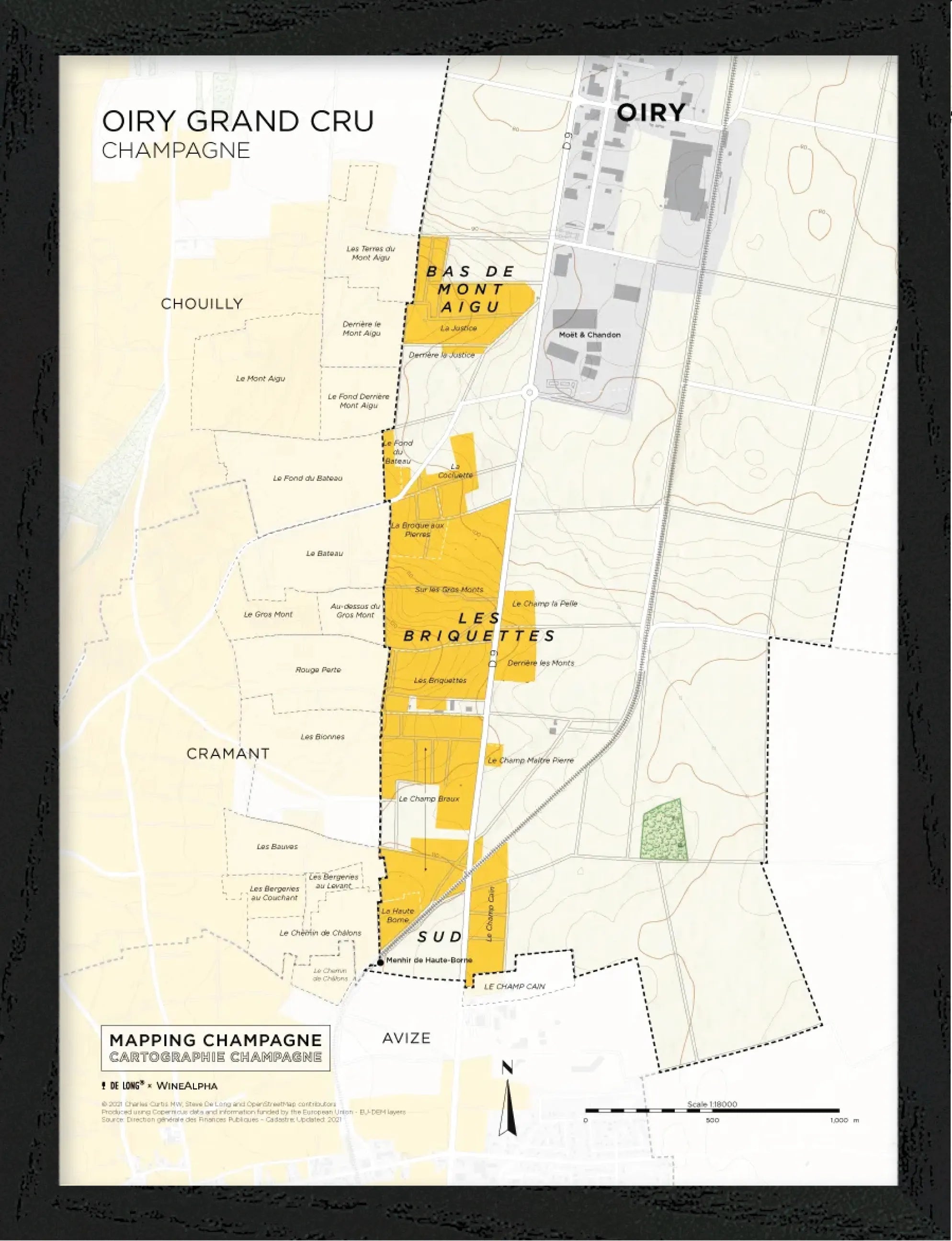 De Long’s Oiry Grand Cru, Côte des Blancs Framed map highlights vineyard areas and labeled sections in yellow.