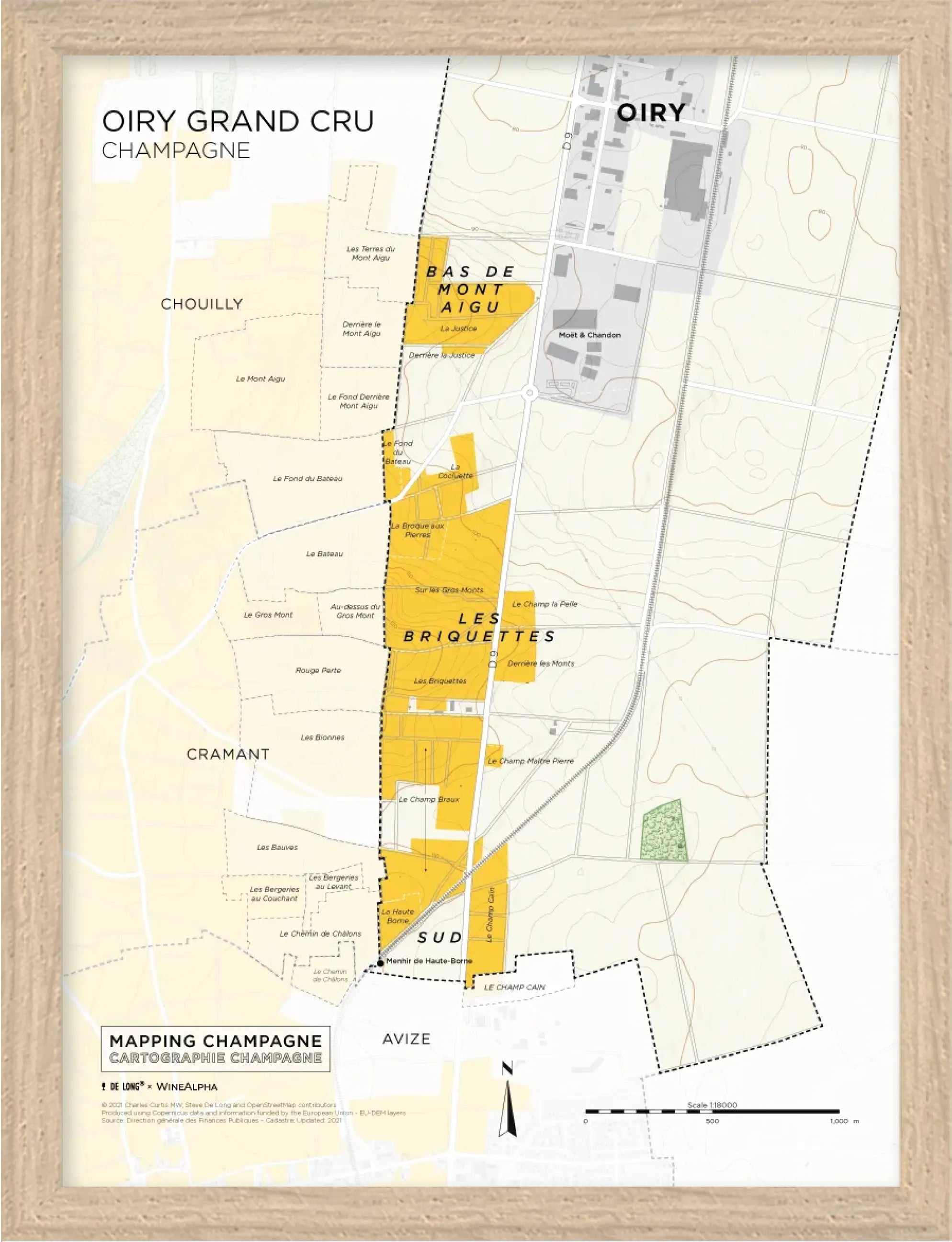 De Long's Oiry Grand Cru, Côte des Blancs Framed map highlights vineyard areas in yellow with labeled regions and towns.
