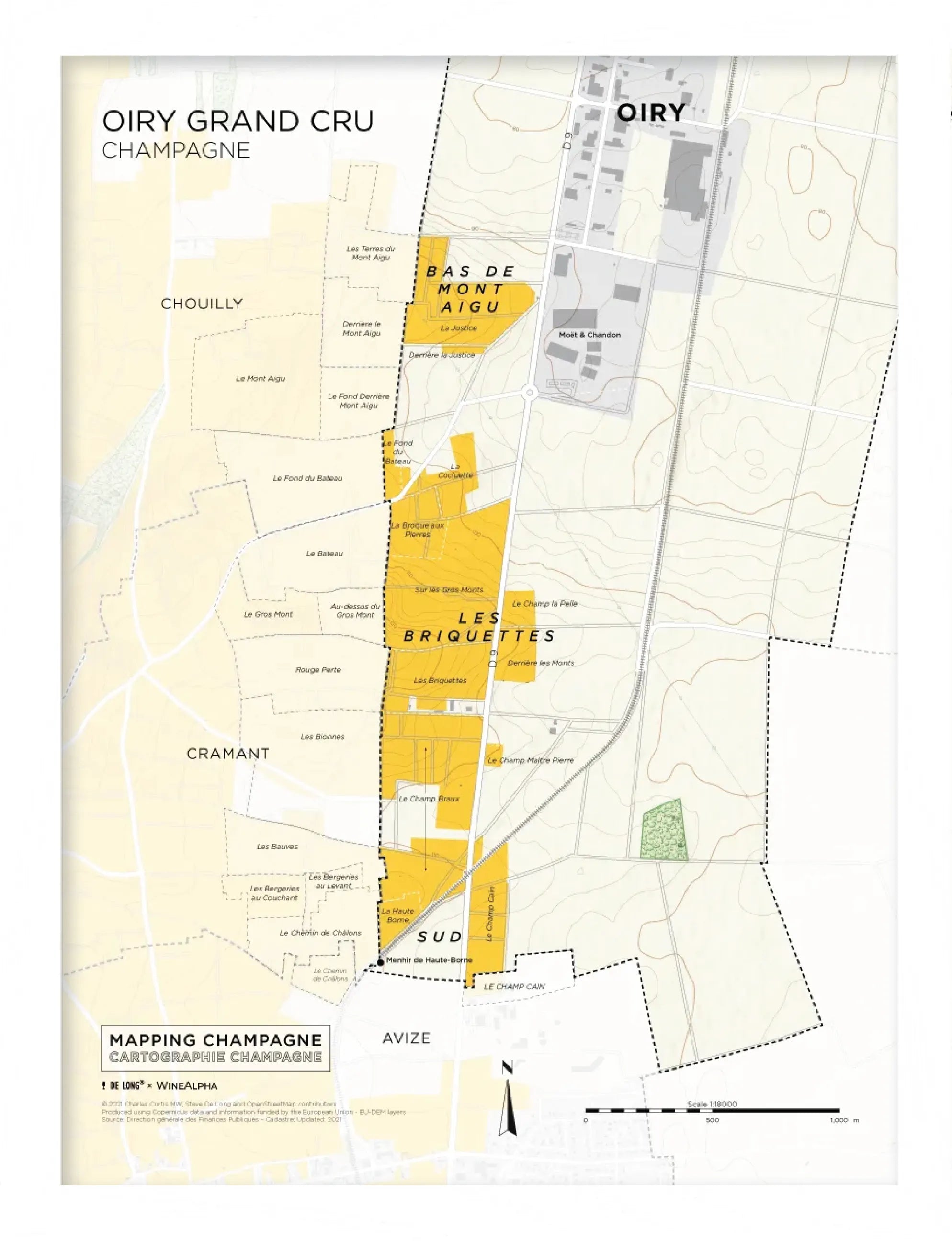 De Long Oiry Grand Cru, Côte des Blancs Framed map features labeled yellow vineyard sections with wood frame.