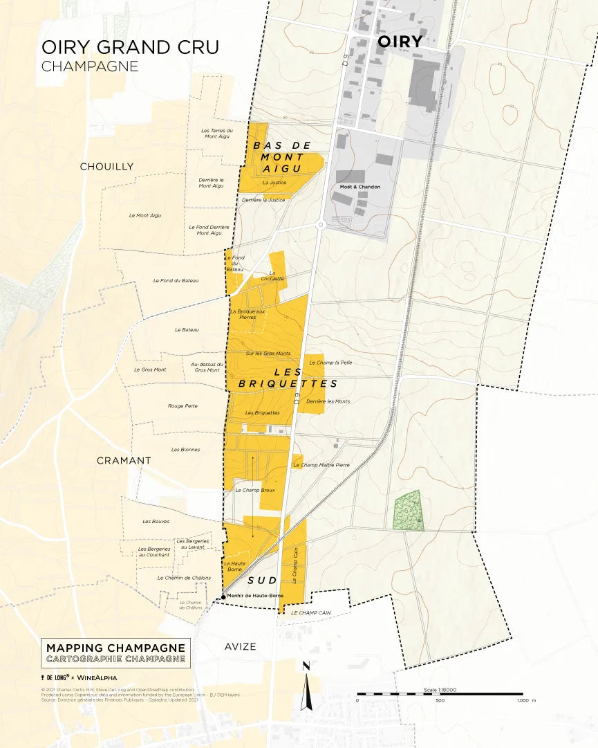 De Long Oiry Grand Cru, Côte des Blancs map shows Champagne vineyards in yellow with detailed labels and nearby areas.