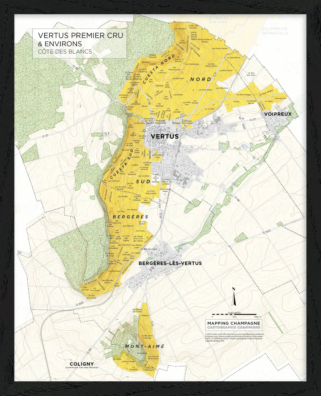 De Long’s Vertus Premier Cru, Côte des Blancs Framed map shows yellow-highlighted vineyards and nearby Champagne towns.