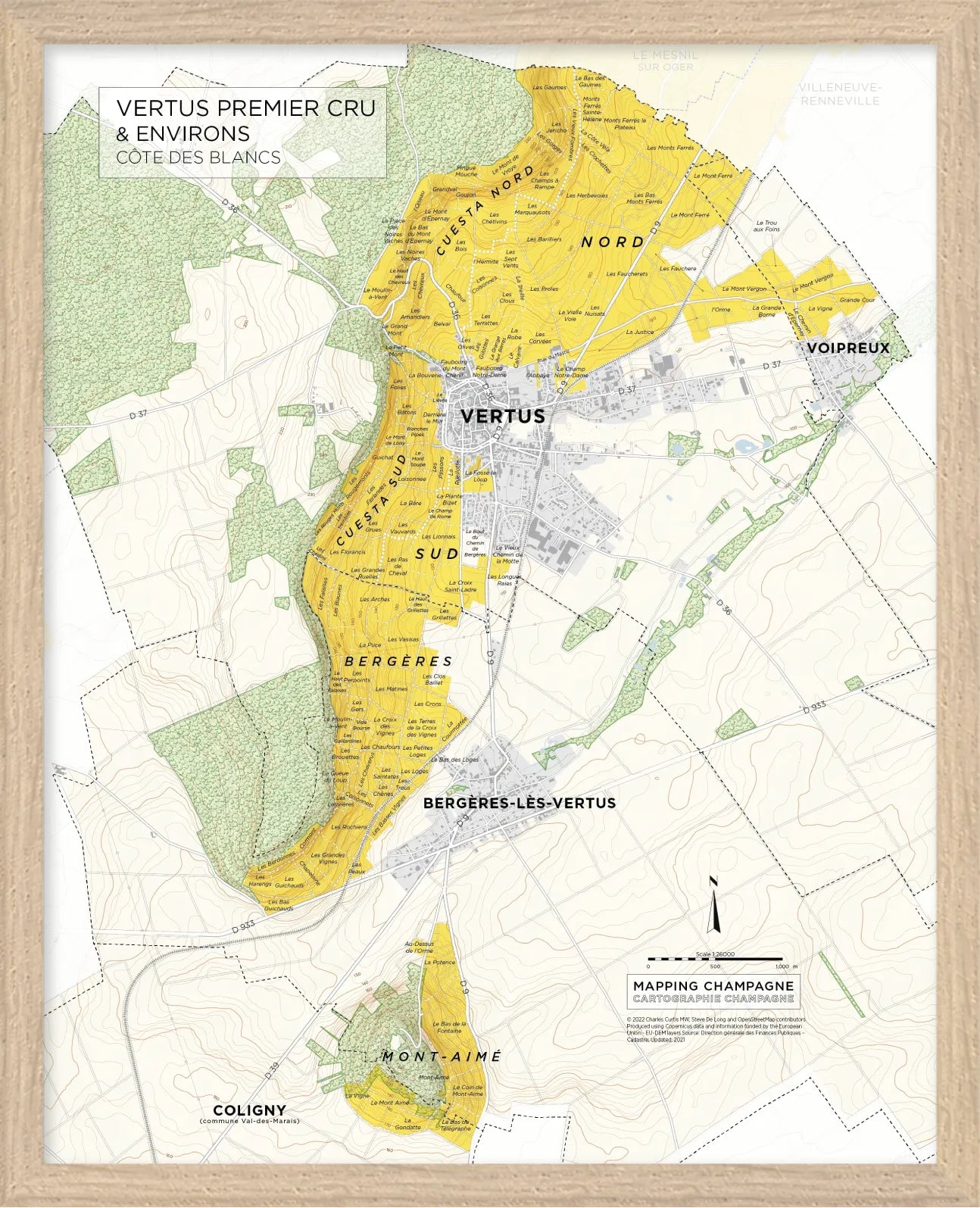 De Long's Vertus Premier Cru, Côte des Blancs Framed: a detailed map of vineyards, roads, and towns in yellow.