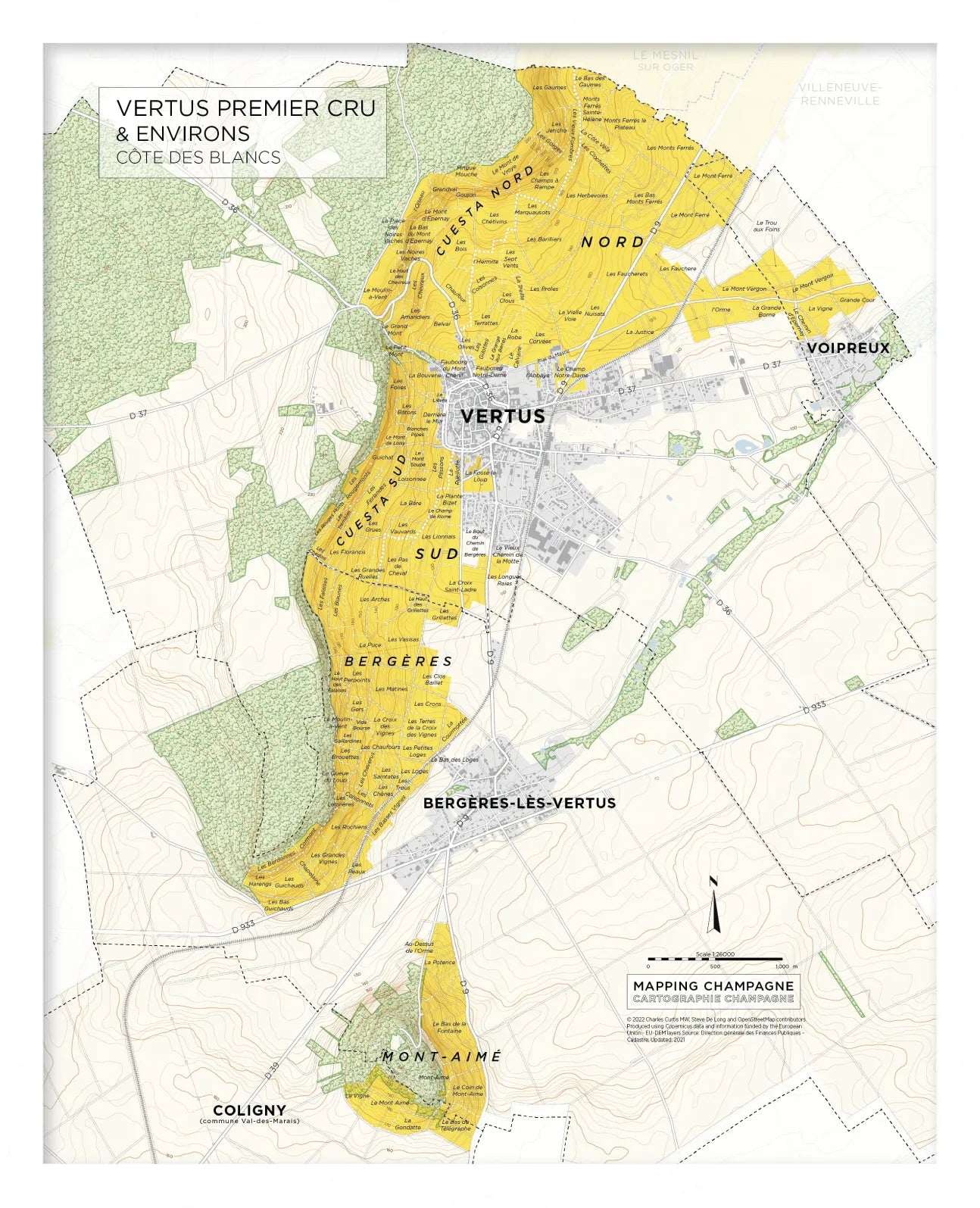 De Long Vertus Premier Cru, Côte des Blancs Framed map shows yellow-highlighted vineyards and labeled towns.