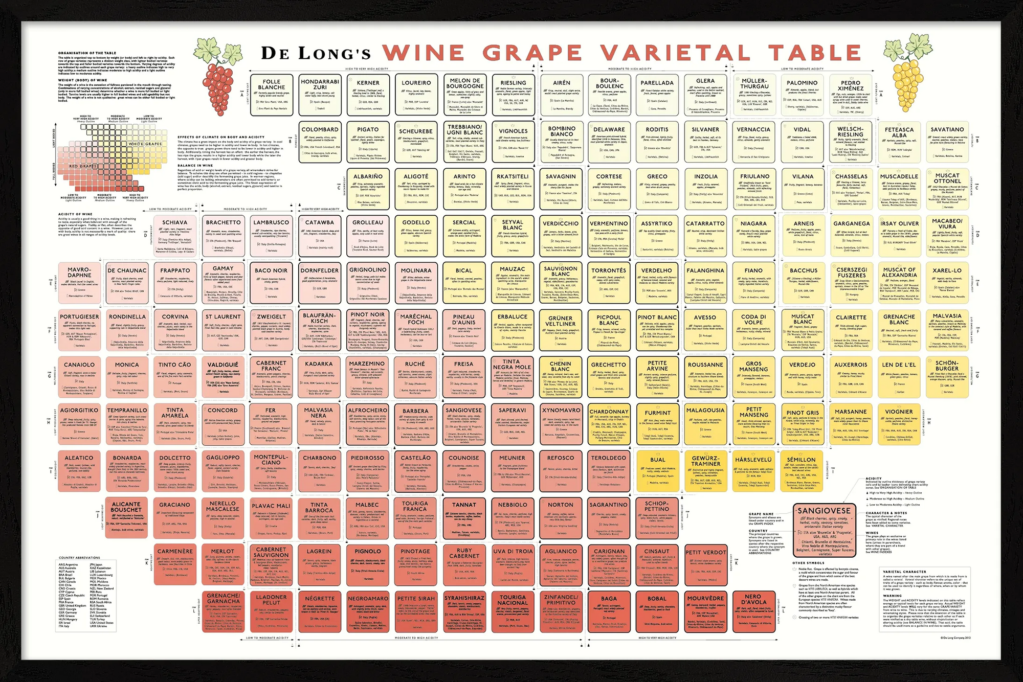 De Long's Wine Grape Varietal Table Framed: a colorful 24x36" chart listing grapes by type and color.