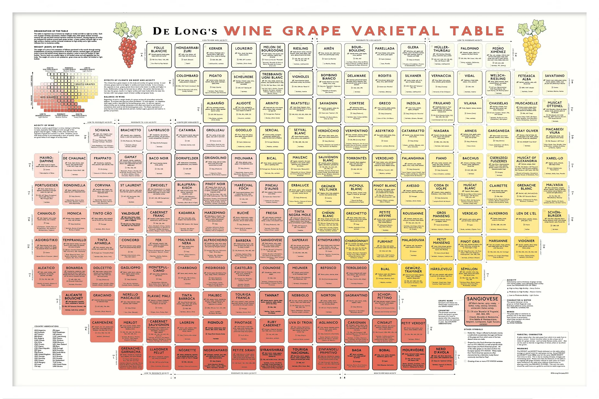 The De Long Wine Grape Varietal Table Framed (24x36") organizes grapes by color, style, and region like a periodic table.