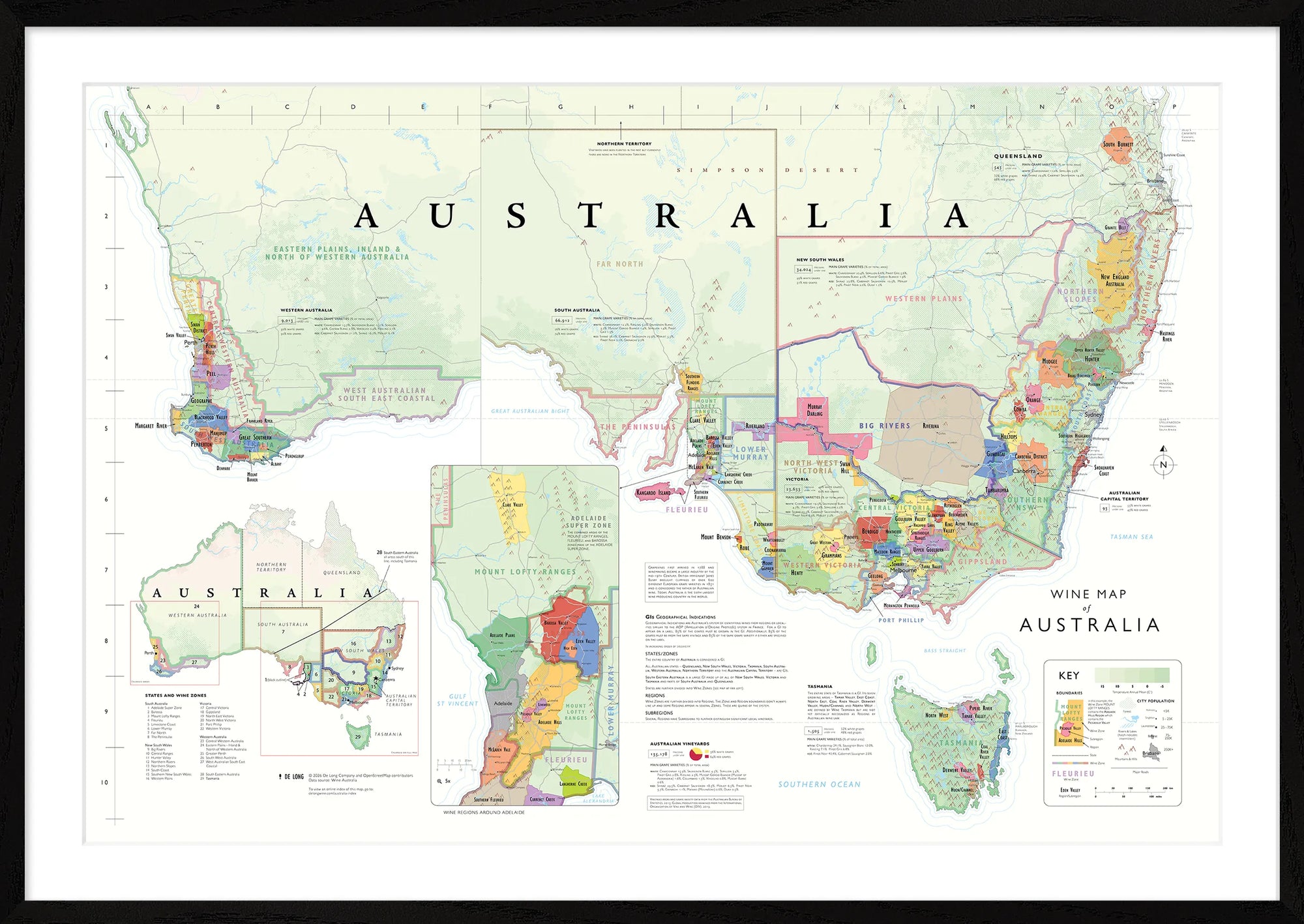 De Long Wine Map of Australia Framed features state borders, cities, and insets of major wine regions.