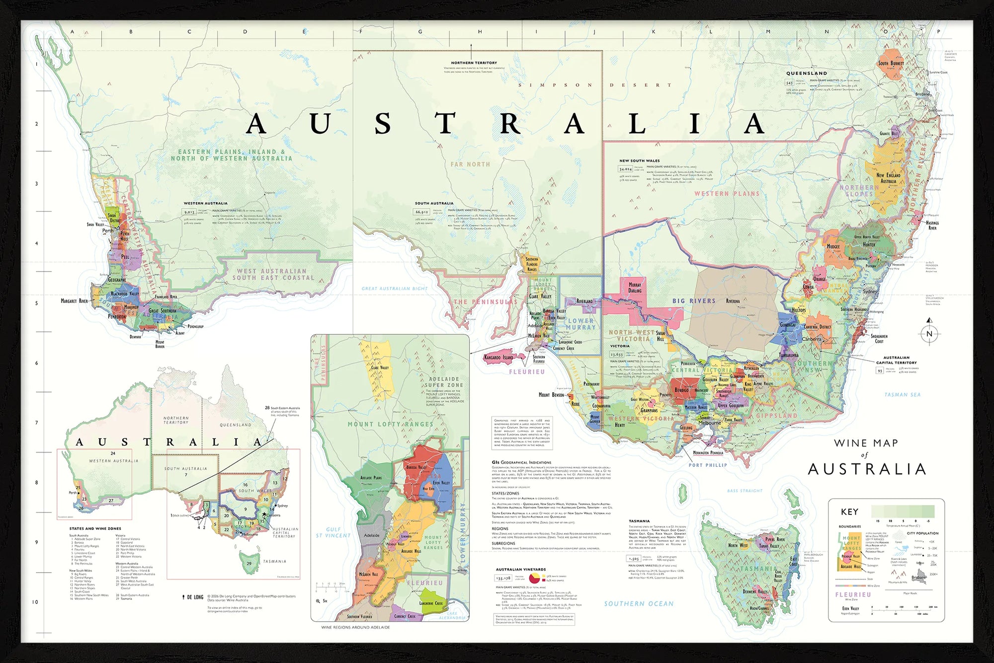 De Long Wine Map of Australia Framed shows GI regions, state borders, wine zones, features, key & insets.