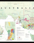 De Long Wine Map of Australia Framed shows GI regions, state borders, wine zones, features, key & insets.