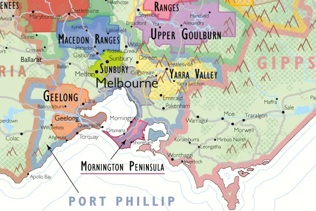 Map of Melbourne and surrounding areas with various regions labeled.