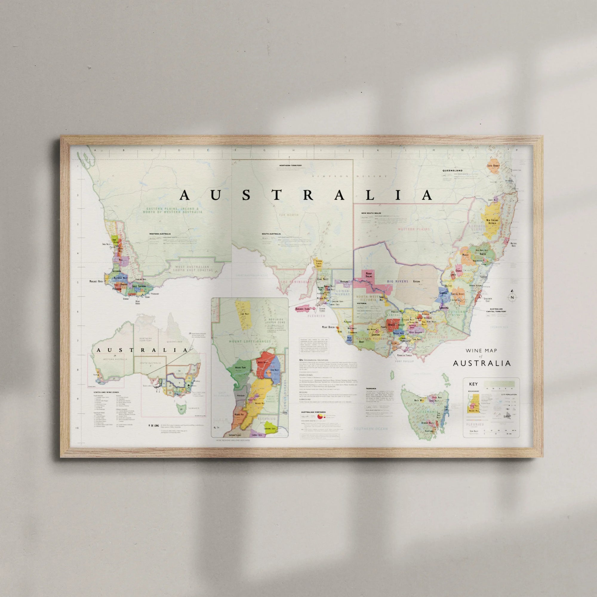 De Long Wine Map of Australia Framed displays colored regions and labeled Geographic Indications on your wall.