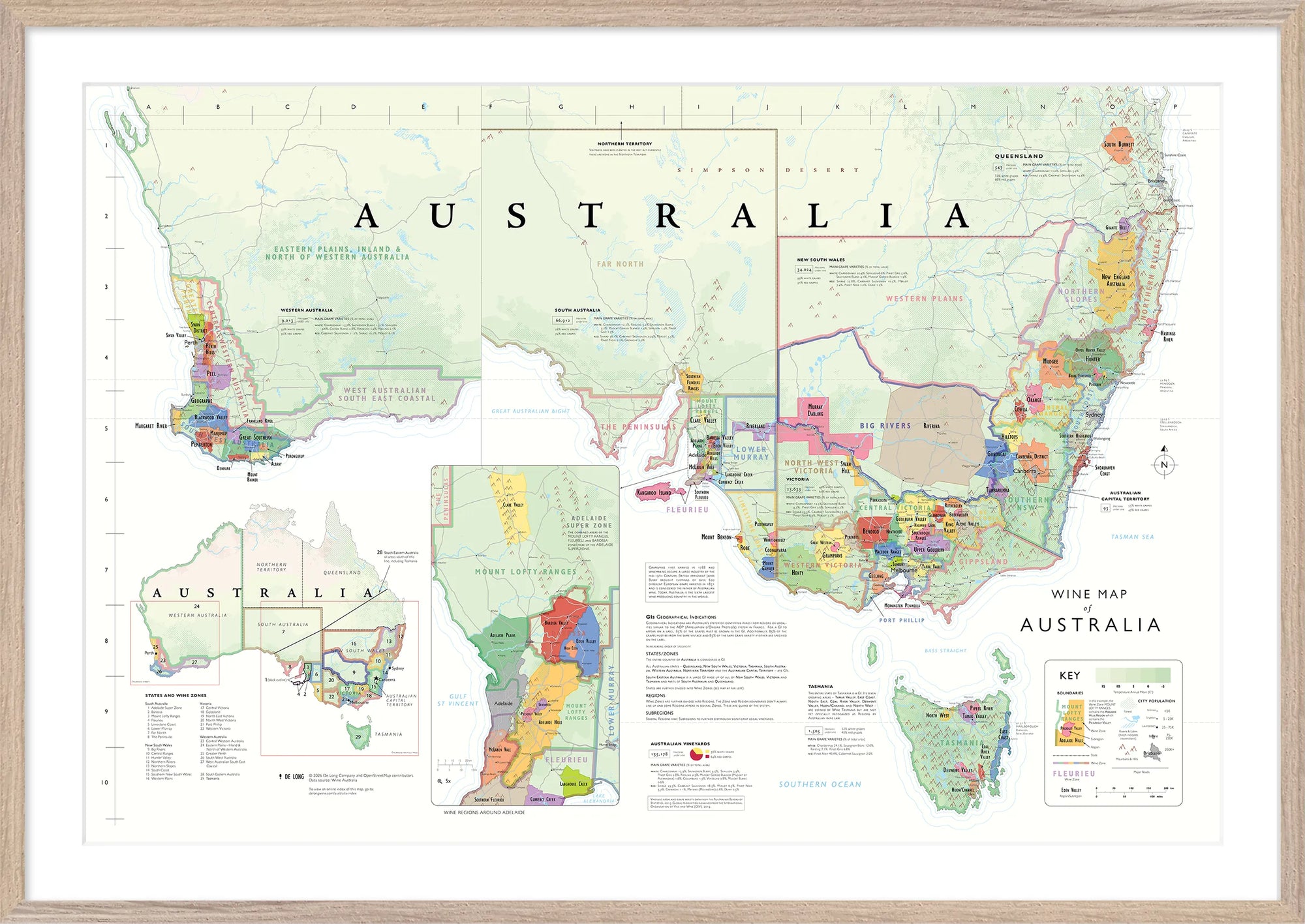 De Long Wine Map of Australia Framed: detailed, colorful map showing Australian wine regions with names and key.
