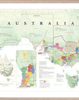 De Long Wine Map of Australia Framed: detailed, colorful map showing Australian wine regions with names and key.
