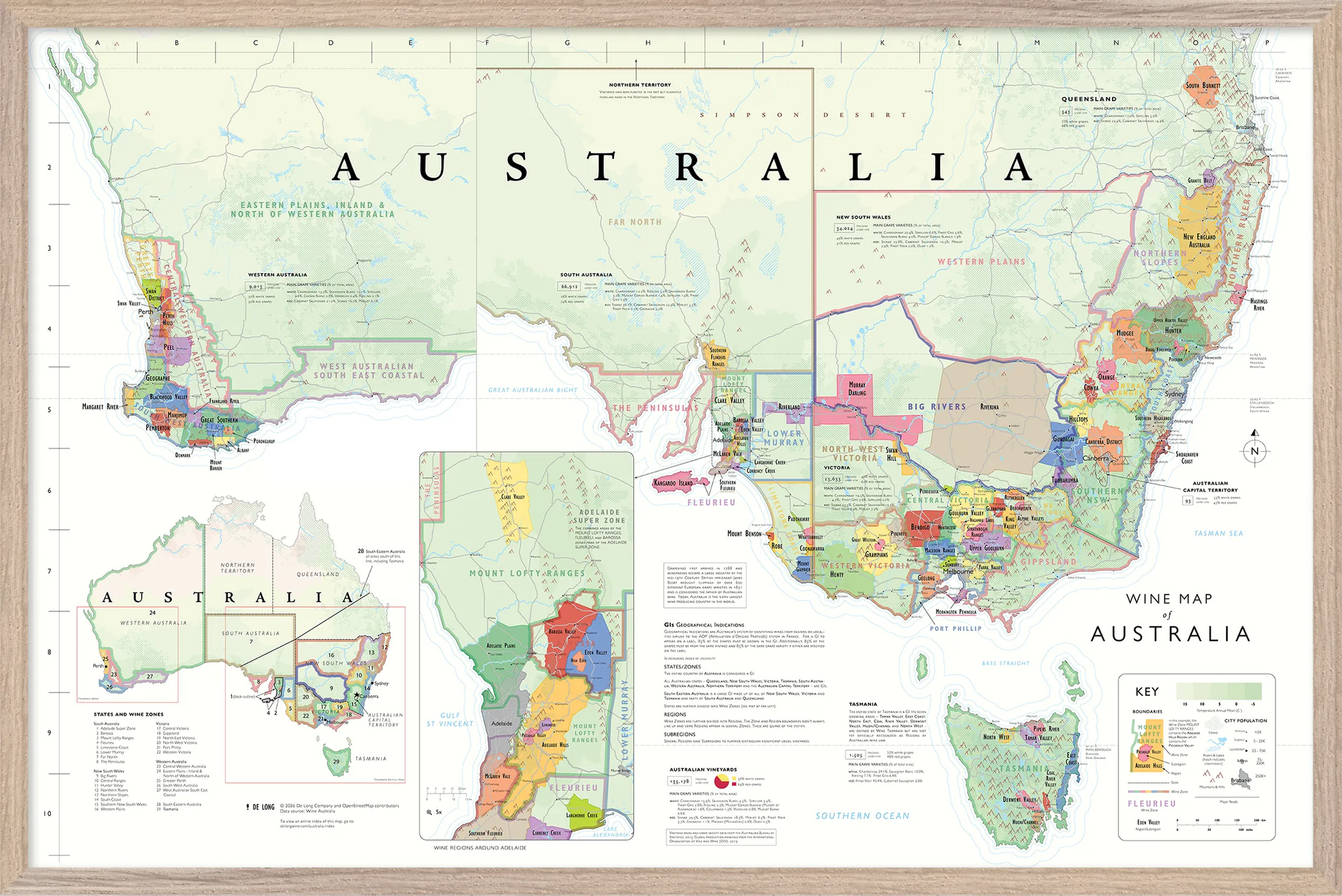 De Long Wine Map of Australia Framed features Geographic Indications, a legend, and regional insets.