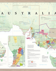 De Long Wine Map of Australia Framed features Geographic Indications, a legend, and regional insets.