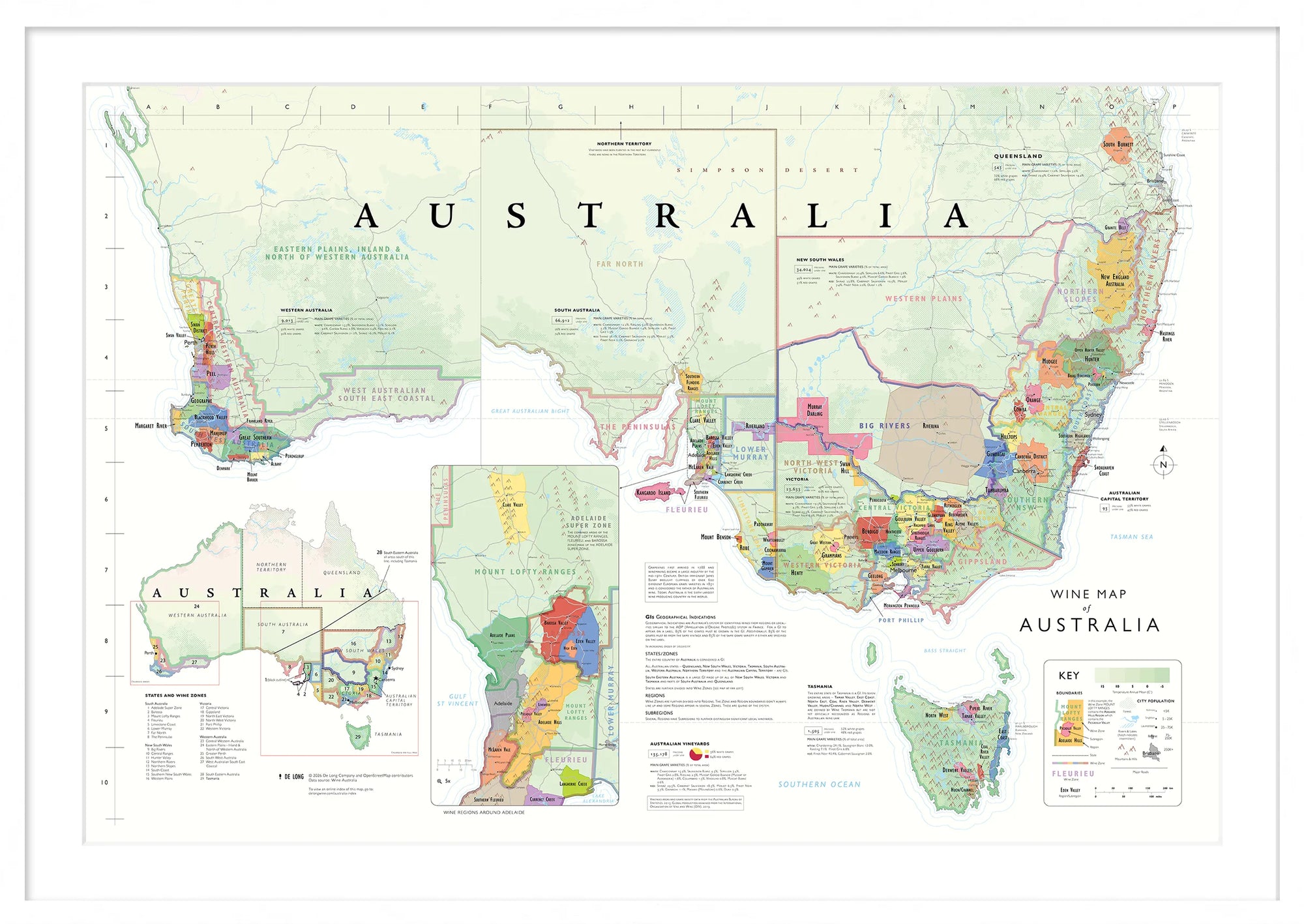 De Long’s Wine Map of Australia Framed displays detailed, labeled wine regions with colored boundaries.