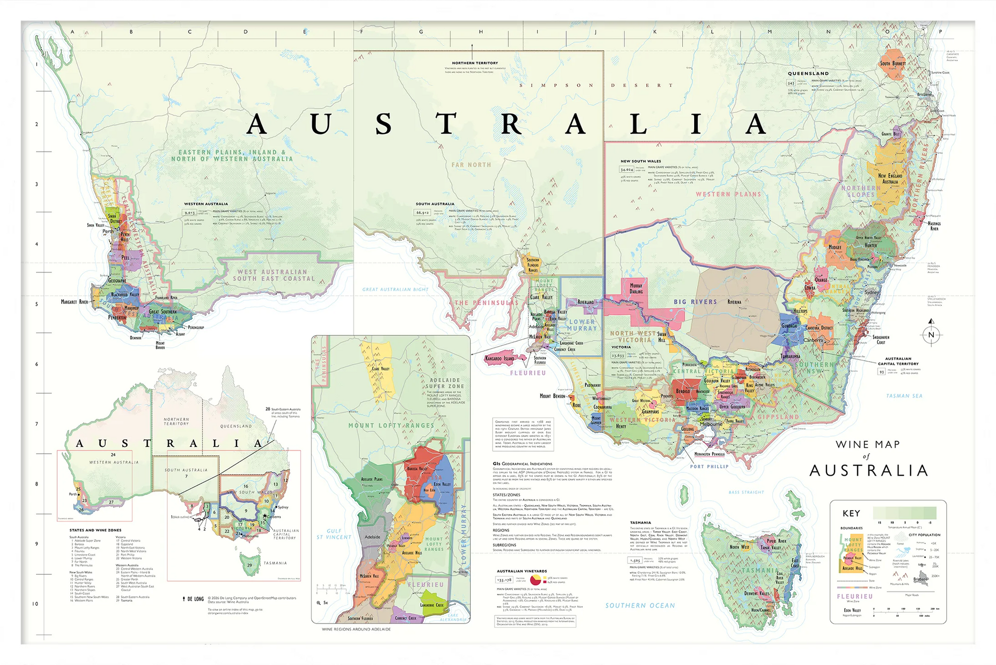 De Long Wine Map of Australia Framed shows detailed, color-coded regions with labeled names and boundaries.