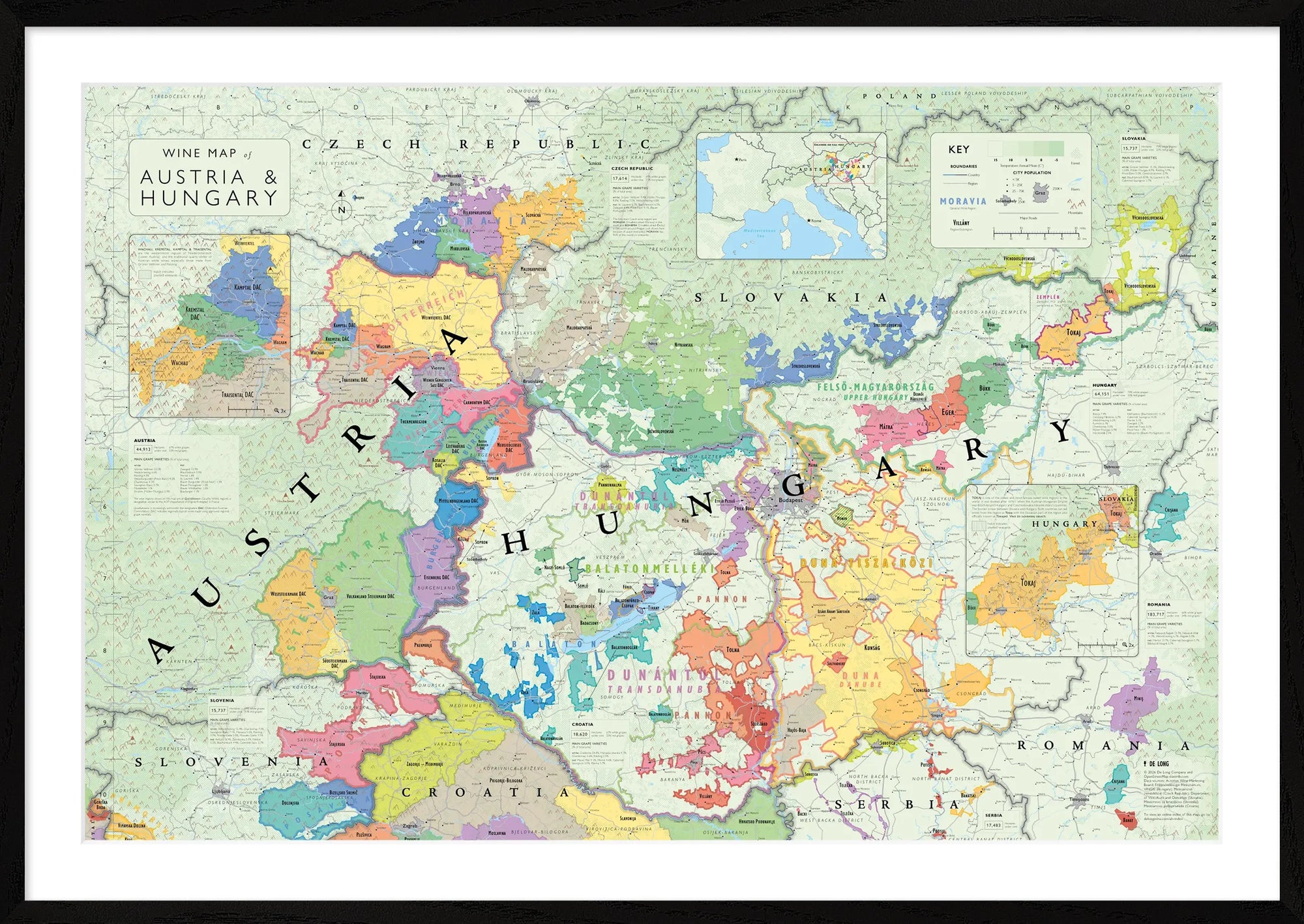 De Long Wine Map of Austria and Hungary Framed highlights wine regions, borders, and key features in vibrant detail.