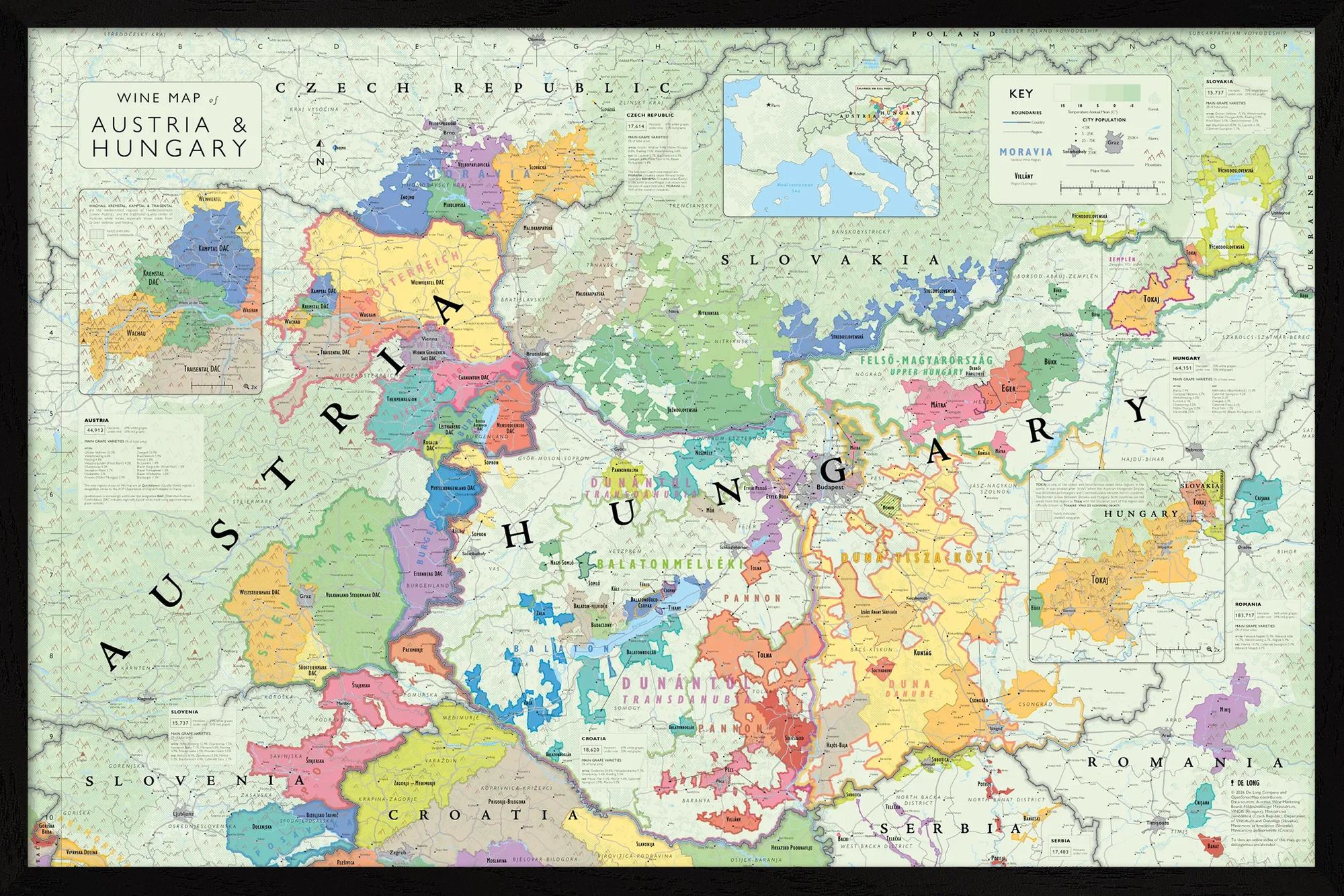 De Long Wine Map of Austria and Hungary Framed shows borders, wine regions, and neighbors in a colorful wood frame.