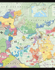 De Long Wine Map of Austria and Hungary Framed shows borders, wine regions, and neighbors in a colorful wood frame.