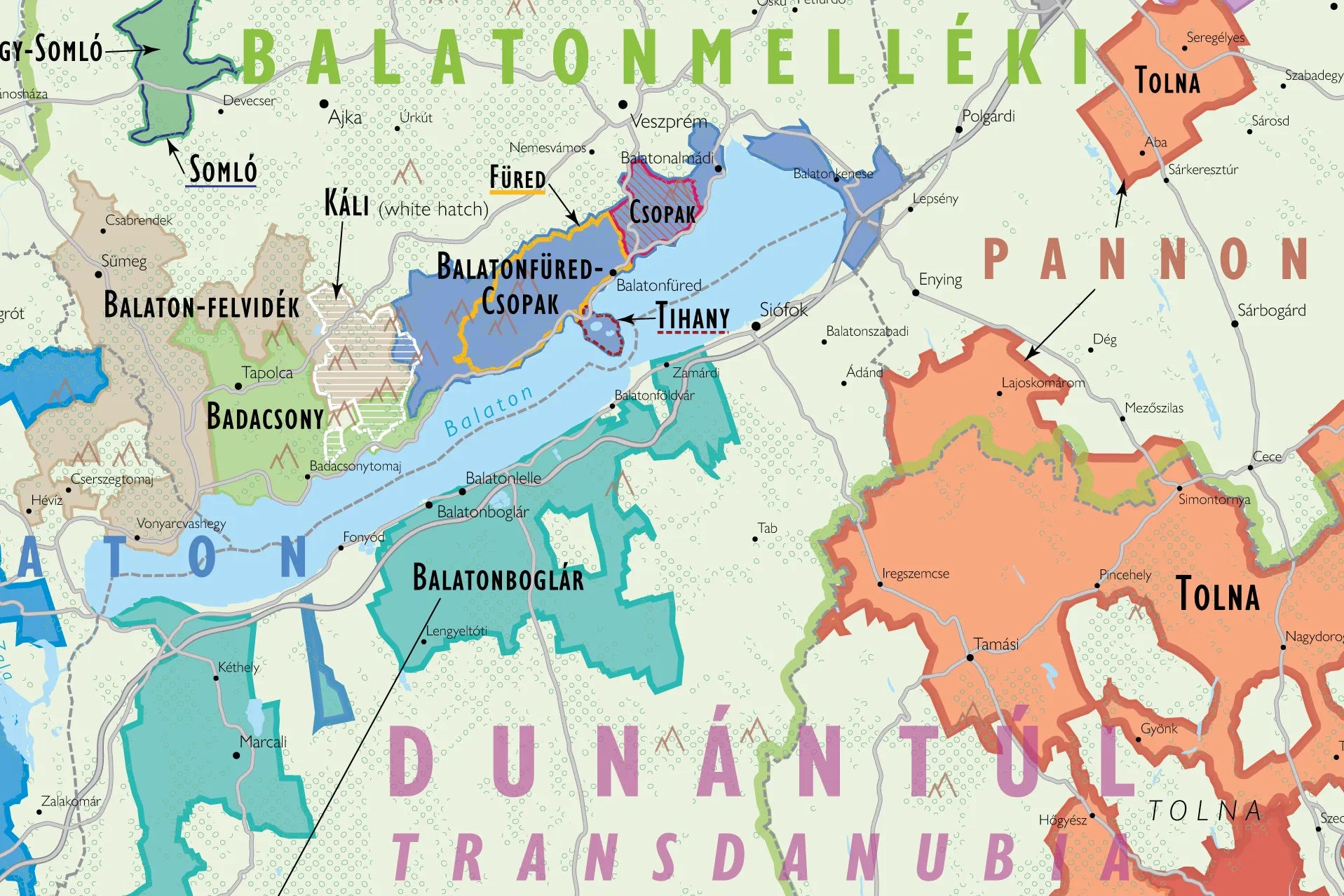 Wine Map of Austria and Hungary: features a vibrant map of the Lake Balaton region, highlighting Balatonfüred, Csopak, Badacsony, and Balatonboglár with labeled towns, borders, water bodies, and a nod to the historic wine map.