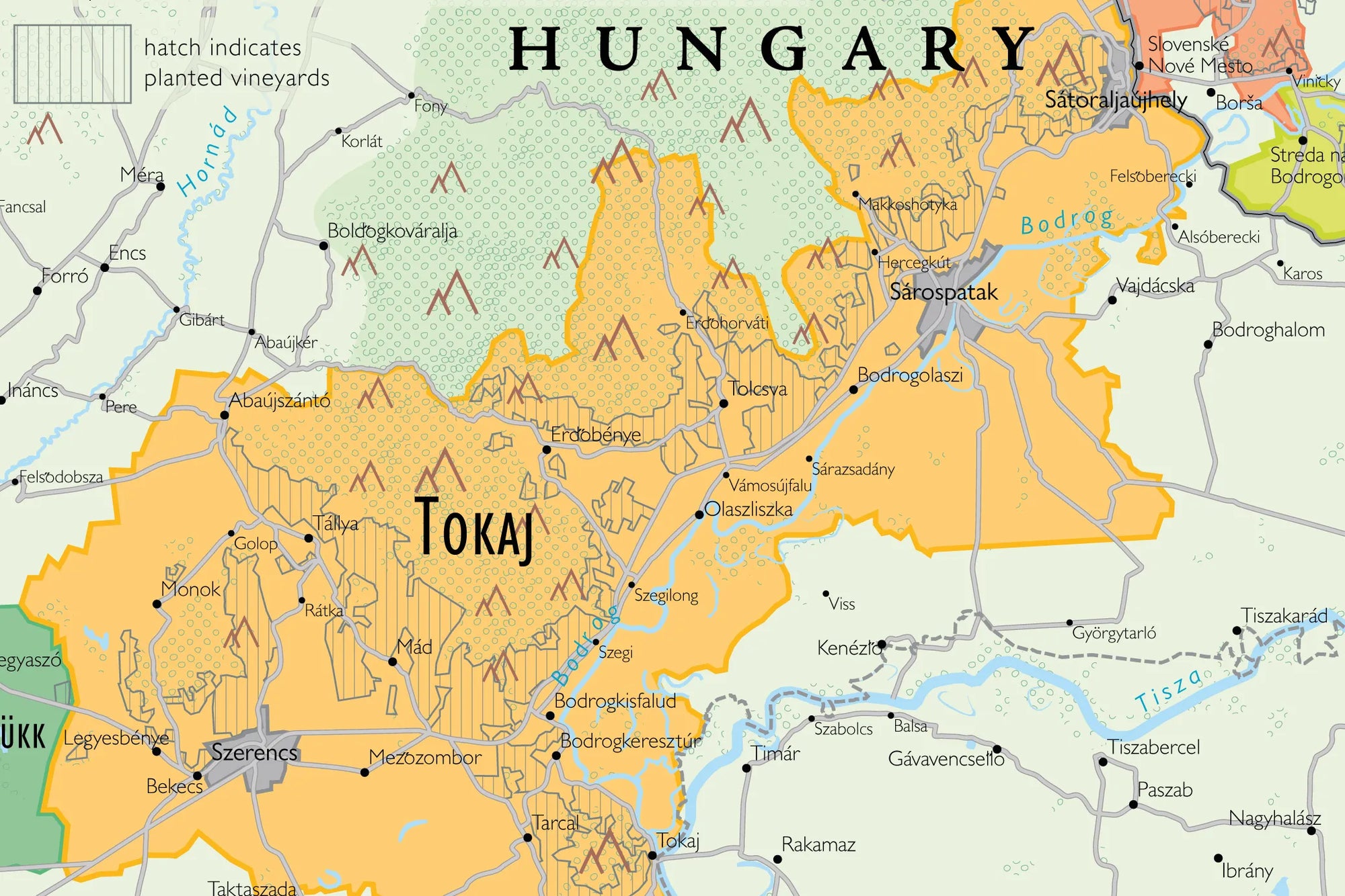 Wine Map of Austria and Hungary showing the Tokaj region in Hungary with vineyard areas, towns, rivers, roads, and mountains. Labels include Sátoraljaújhely and Sárospatak along the historic wine route.