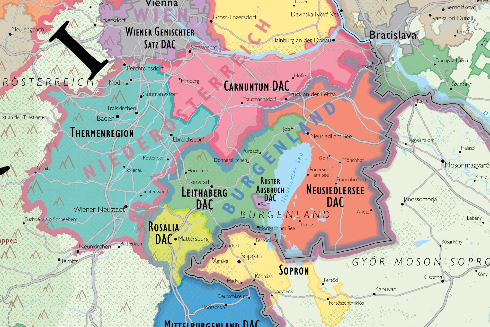 The Wine Map of Austria and Hungary highlights Austrian wine regions such as Carnuntum DAC, Neusiedlersee DAC, Leithaberg DAC, Rosalia DAC, Wien, Thermenregion, and Burgenland. Major towns and country borders are clearly labeled.