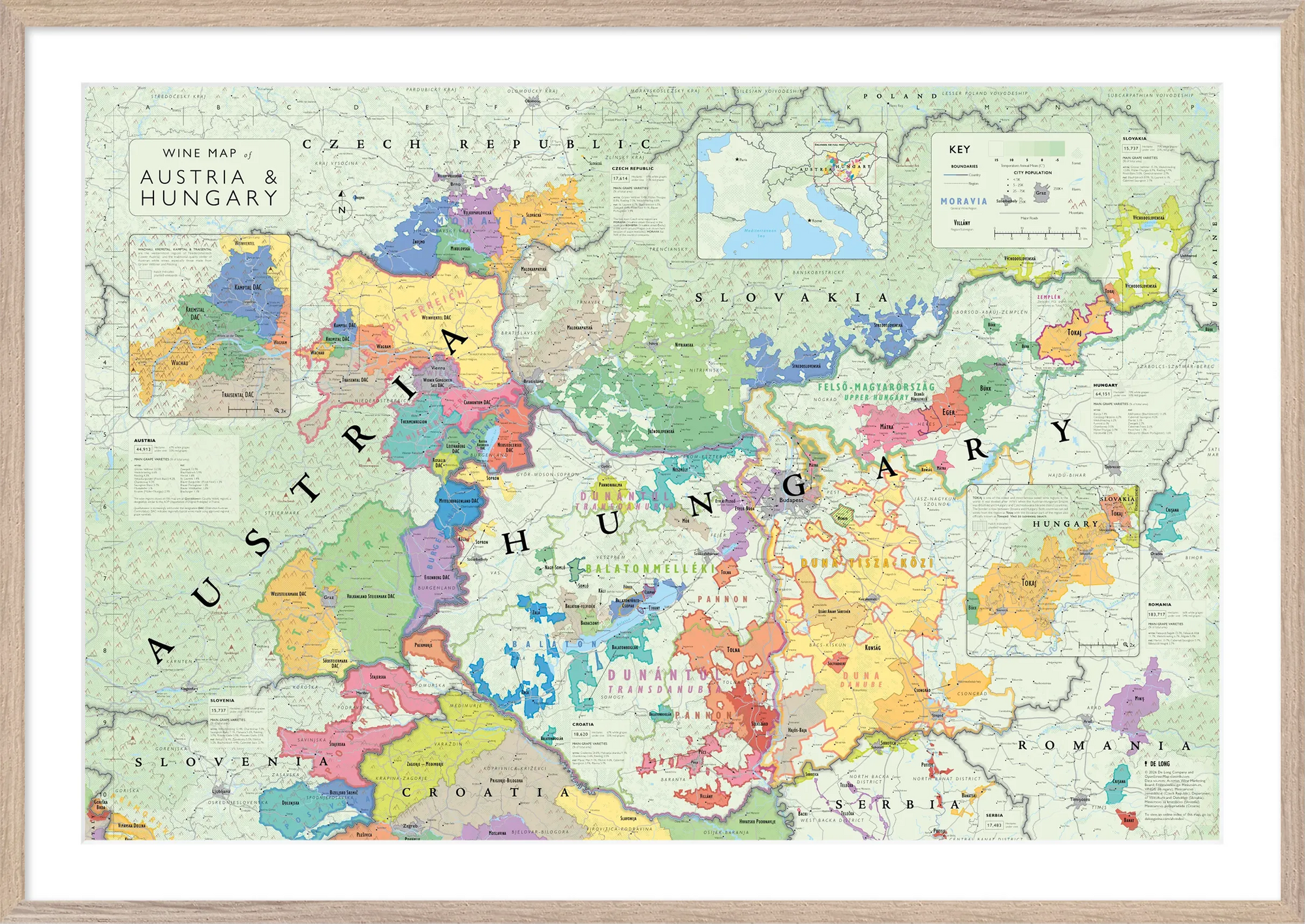 De Long’s Wine Map of Austria and Hungary Framed shows colorful wine regions with a classic wooden frame.