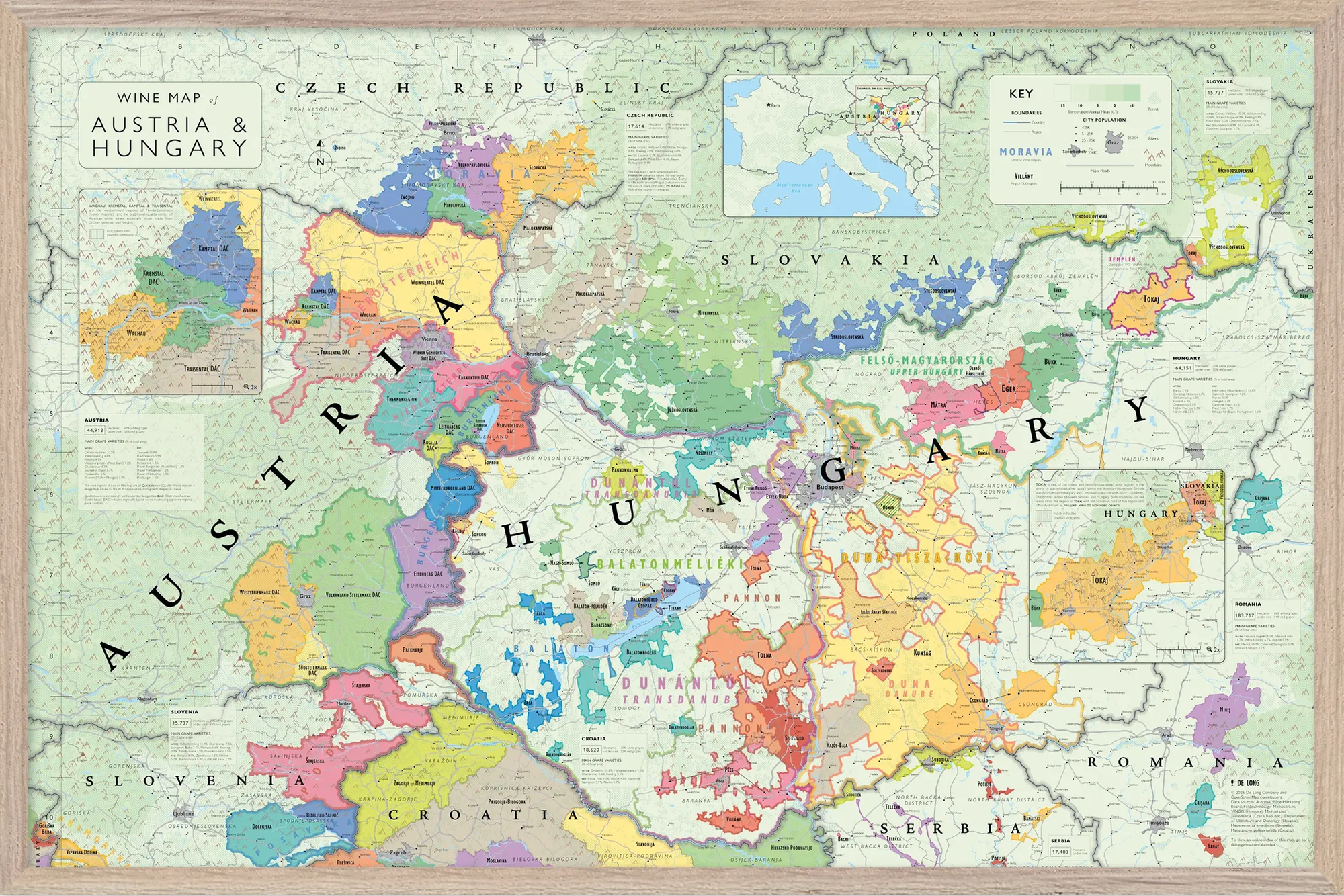 De Long Wine Map of Austria and Hungary Framed features vibrant regions, cities, and a small key for easy reference.