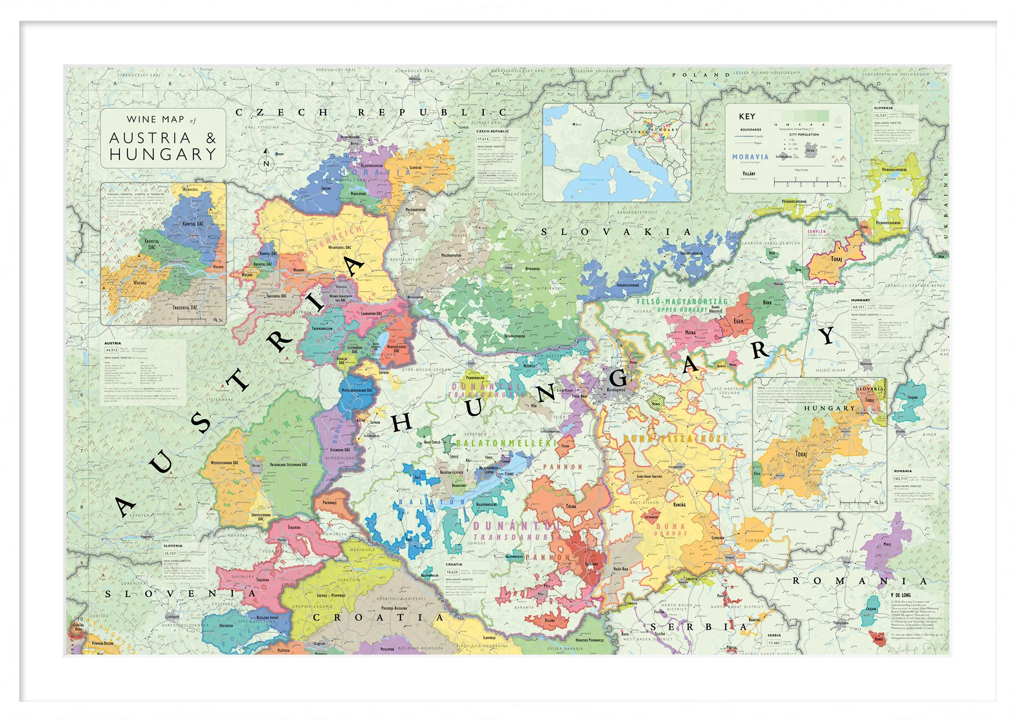 The De Long Wine Map of Austria and Hungary Framed shows labeled wine regions, countries, and a key for wine types.