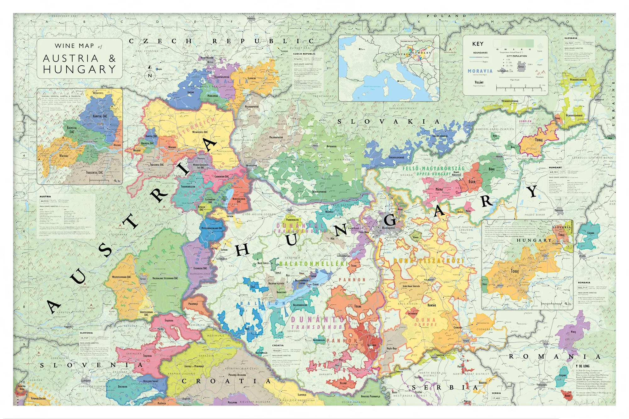 De Long Wine Map of Austria and Hungary Framed: colorful map with labeled cities, borders, and wine regions.