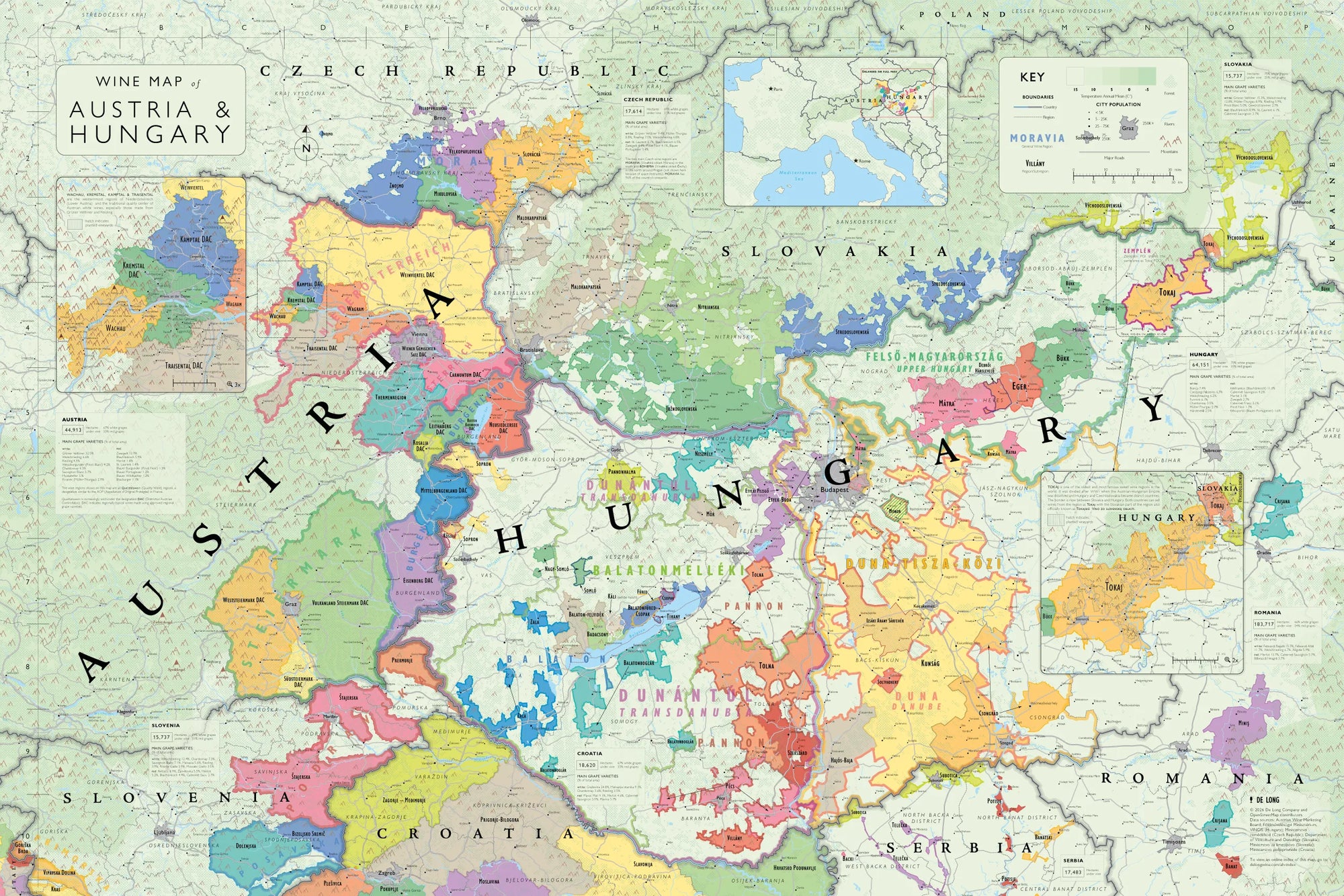 Wine Map of Austria and Hungary displays colorful wine regions, including Austria’s vineyards and Hungary’s Tokaj area, with major cities, rivers, neighboring countries, and a key in the top right corner.