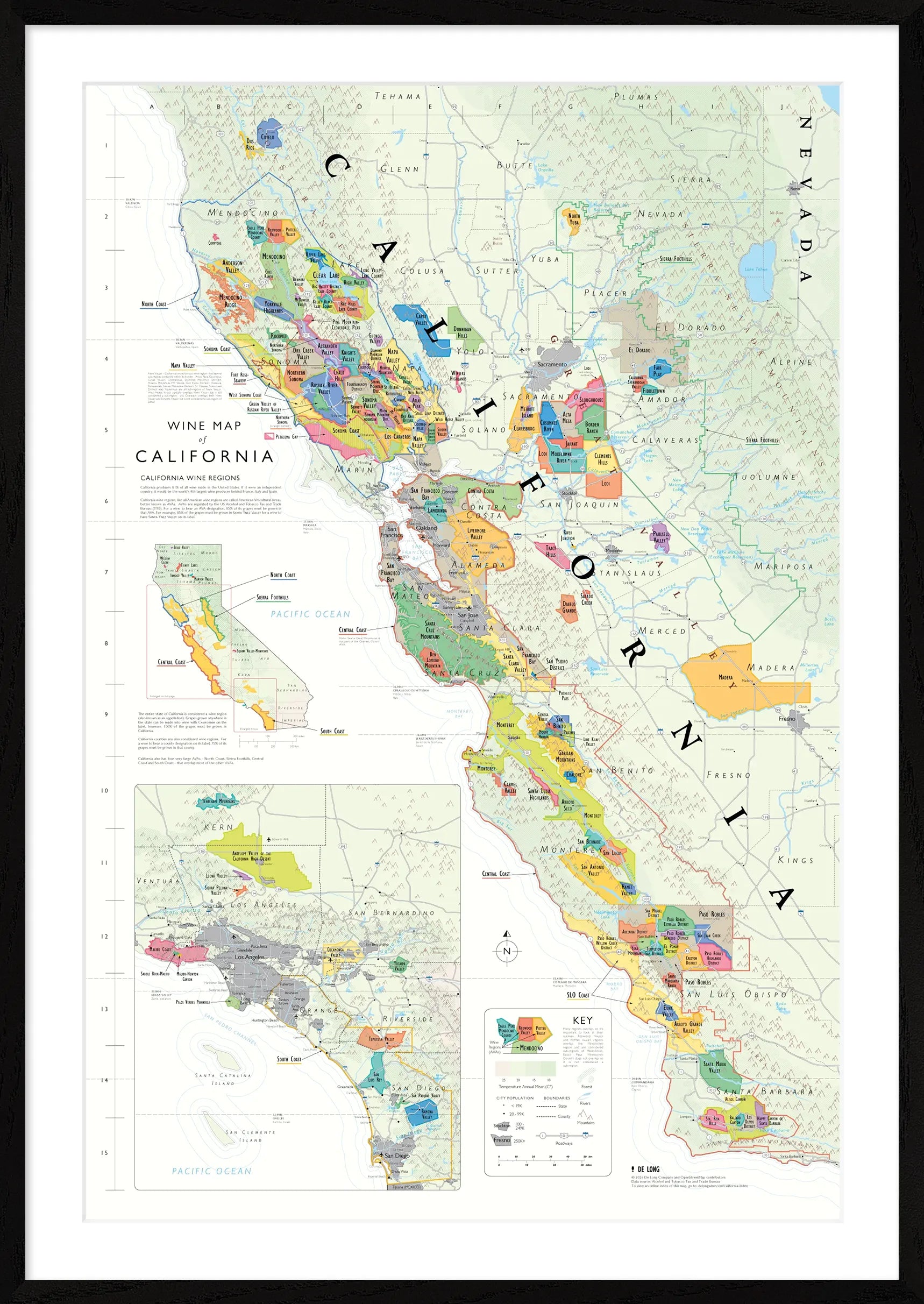 De Long Wine Map of California Framed, 24x36", shows wine regions, vineyards, AVAs &amp; southern region inset.