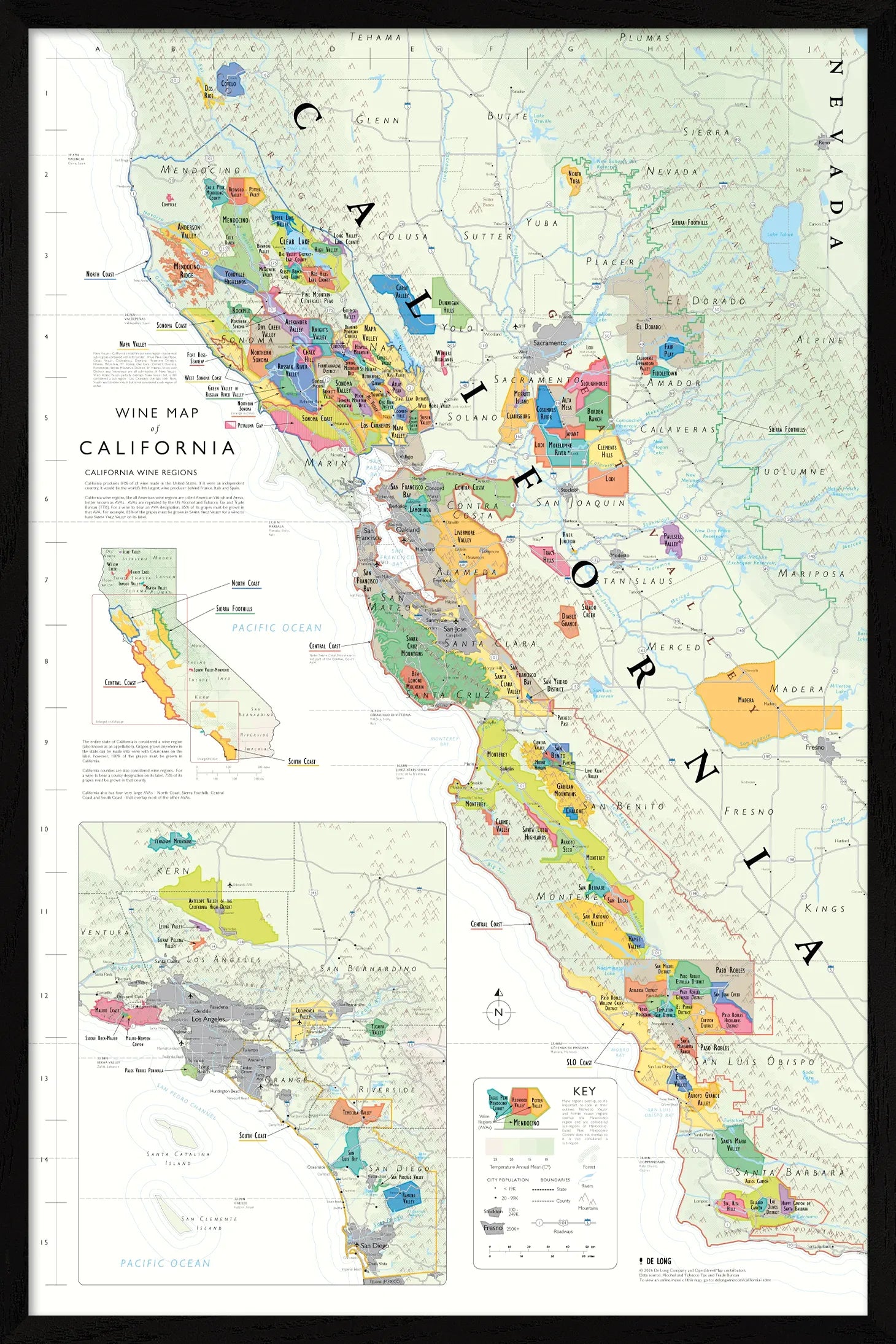 The De Long Wine Map of California Framed shows colorful wine regions and appellations on a 24x36” wood-framed print.