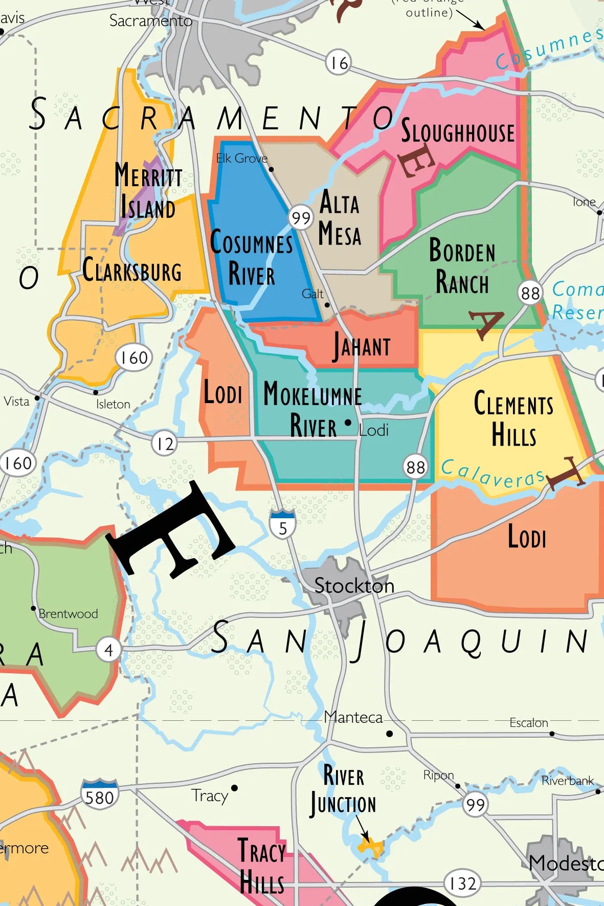 De Long Wine Map of California AVAs near Stockton, CA, on premium matte paper with labeled regions and major roads.