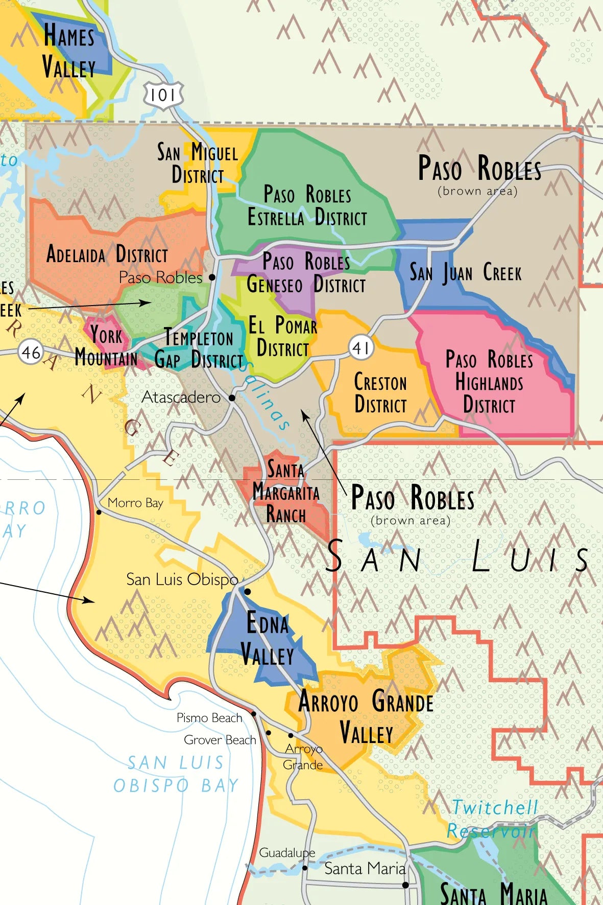 De Long Wine Map of California shows Paso Robles AVA subdistricts & nearby AVAs on premium matte paper.