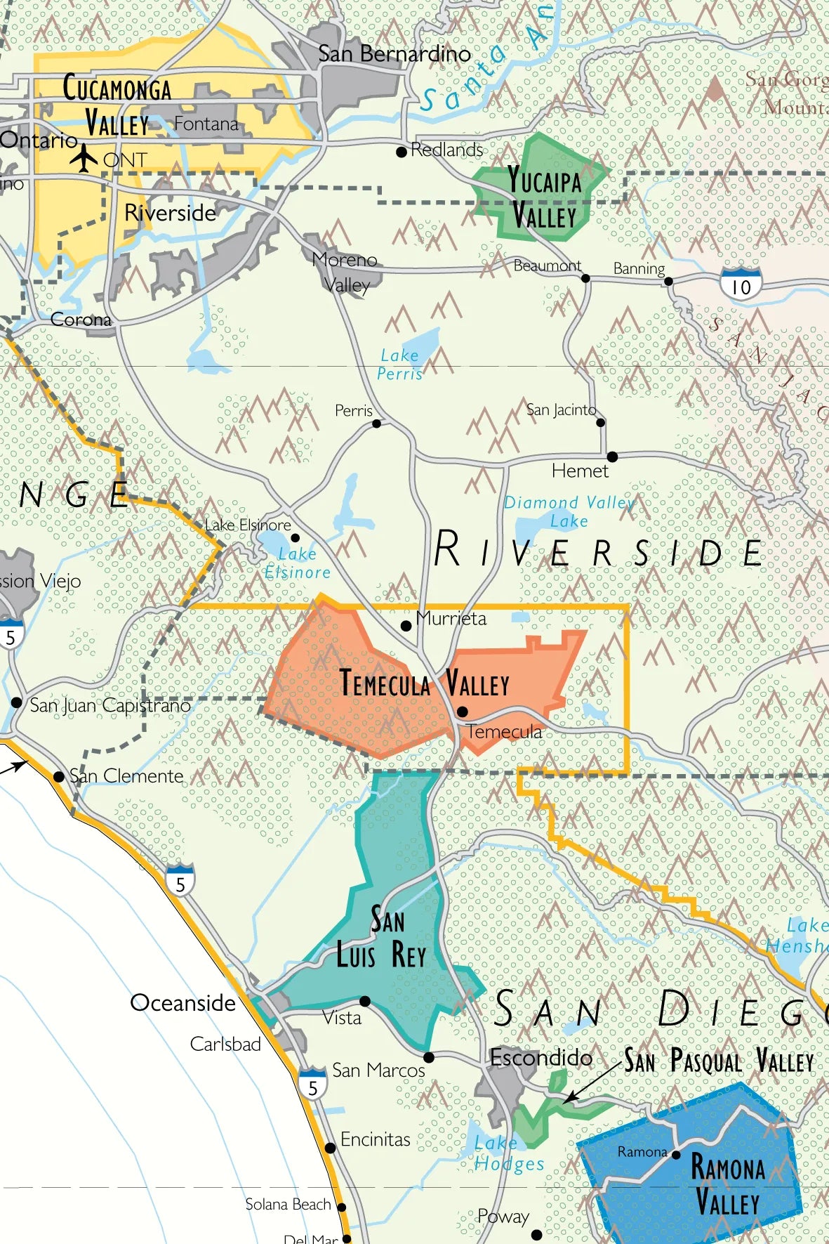 De Long Wine Map of California on matte paper, featuring Temecula, Cucamonga &amp; San Luis Rey AVAs in Southern California.
