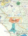 De Long Wine Map of California on matte paper, featuring Temecula, Cucamonga & San Luis Rey AVAs in Southern California.
