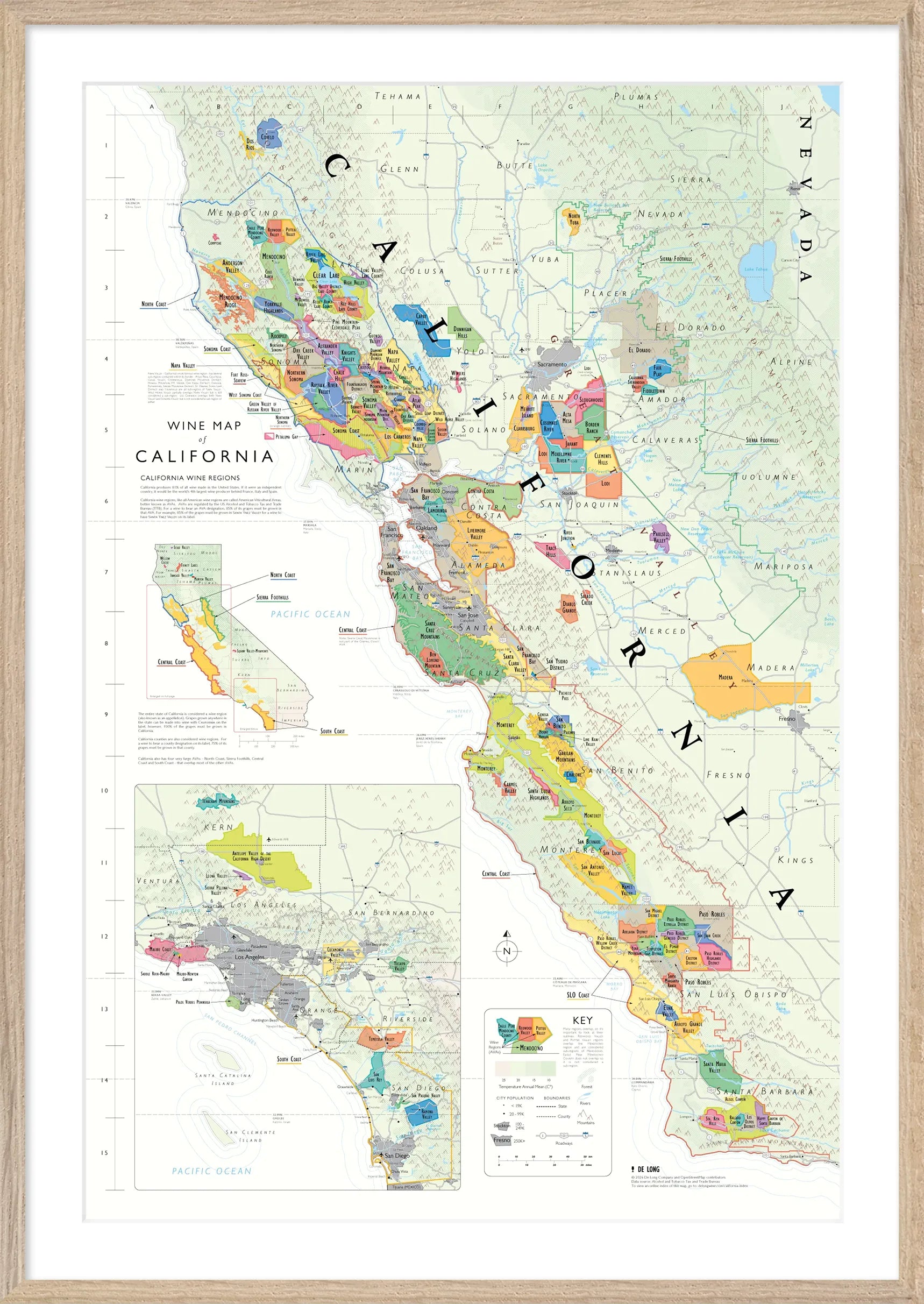 De Long Wine Map of California Framed, 24x36", shows detailed wine regions and appellations.