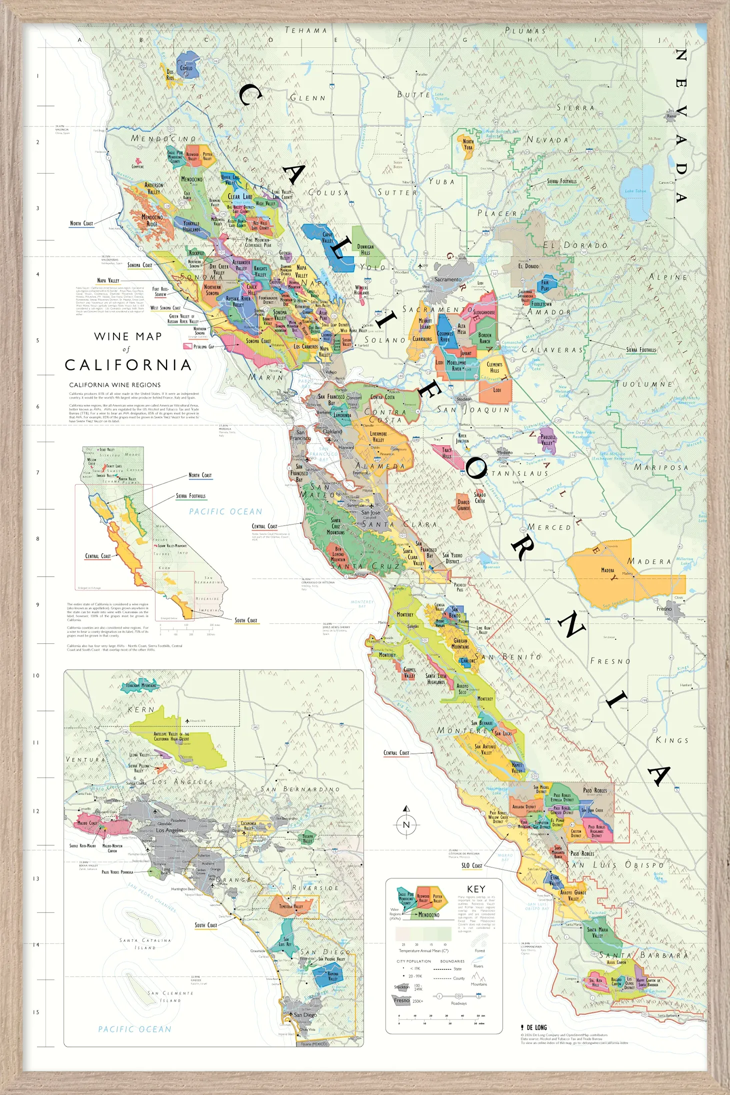 De Long Wine Map of California Framed, 24x36", details wine regions including southern California.
