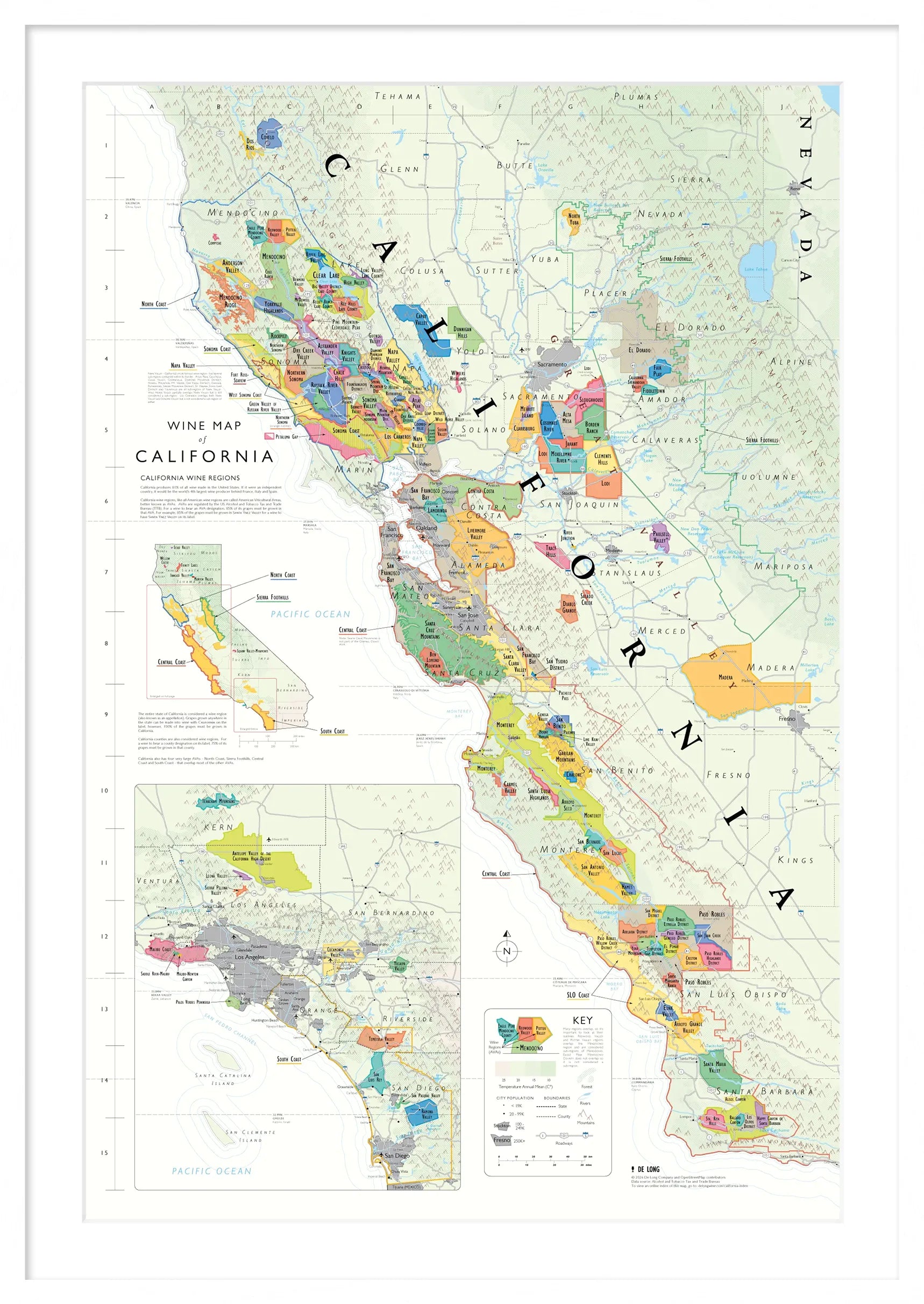 De Long Wine Map of California Framed, 24x36", shows detailed wine regions, vineyards &amp; geographic features.