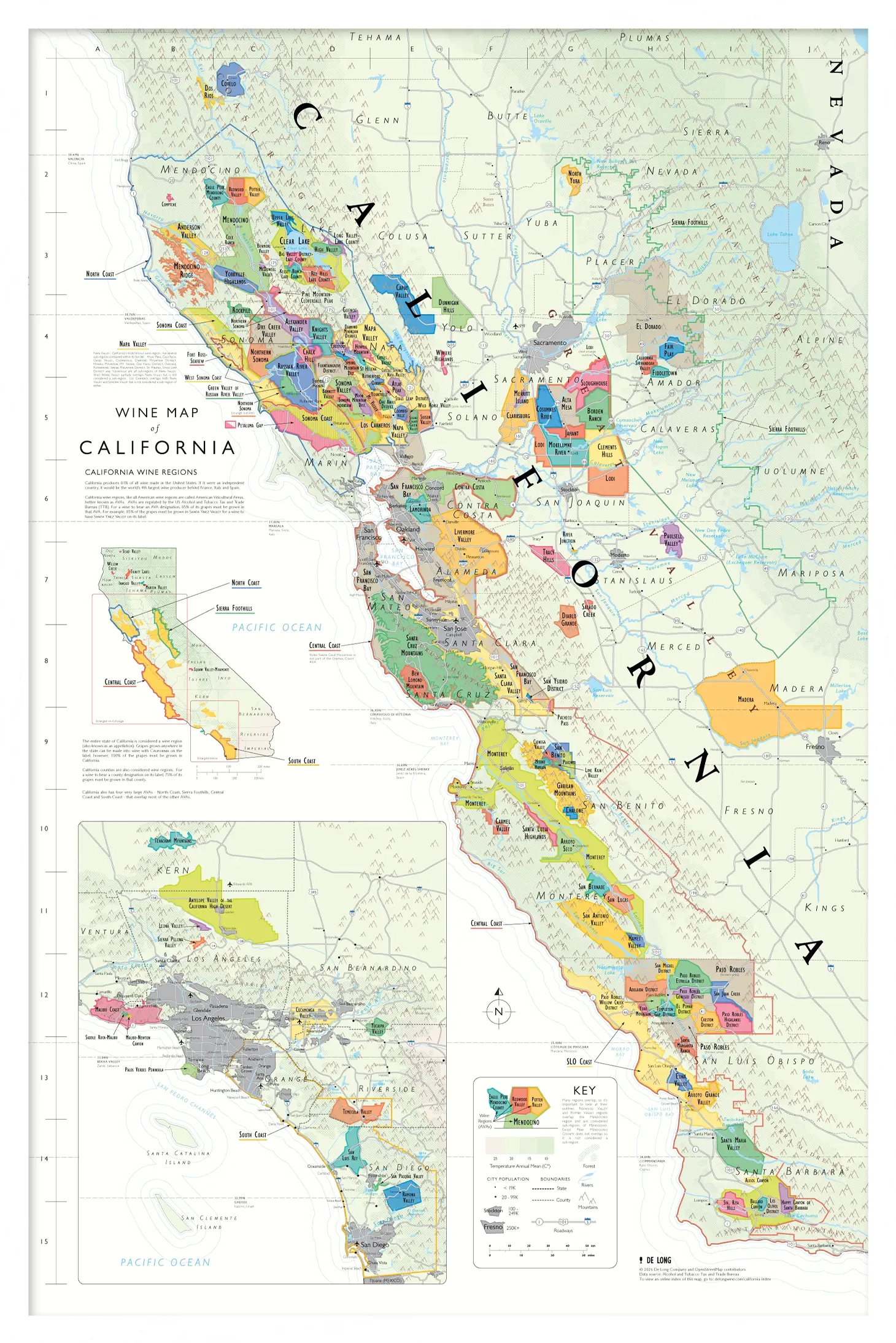 De Long Wine Map of California Framed, 24x36", highlights regions and vineyards with Napa and Sonoma insets.