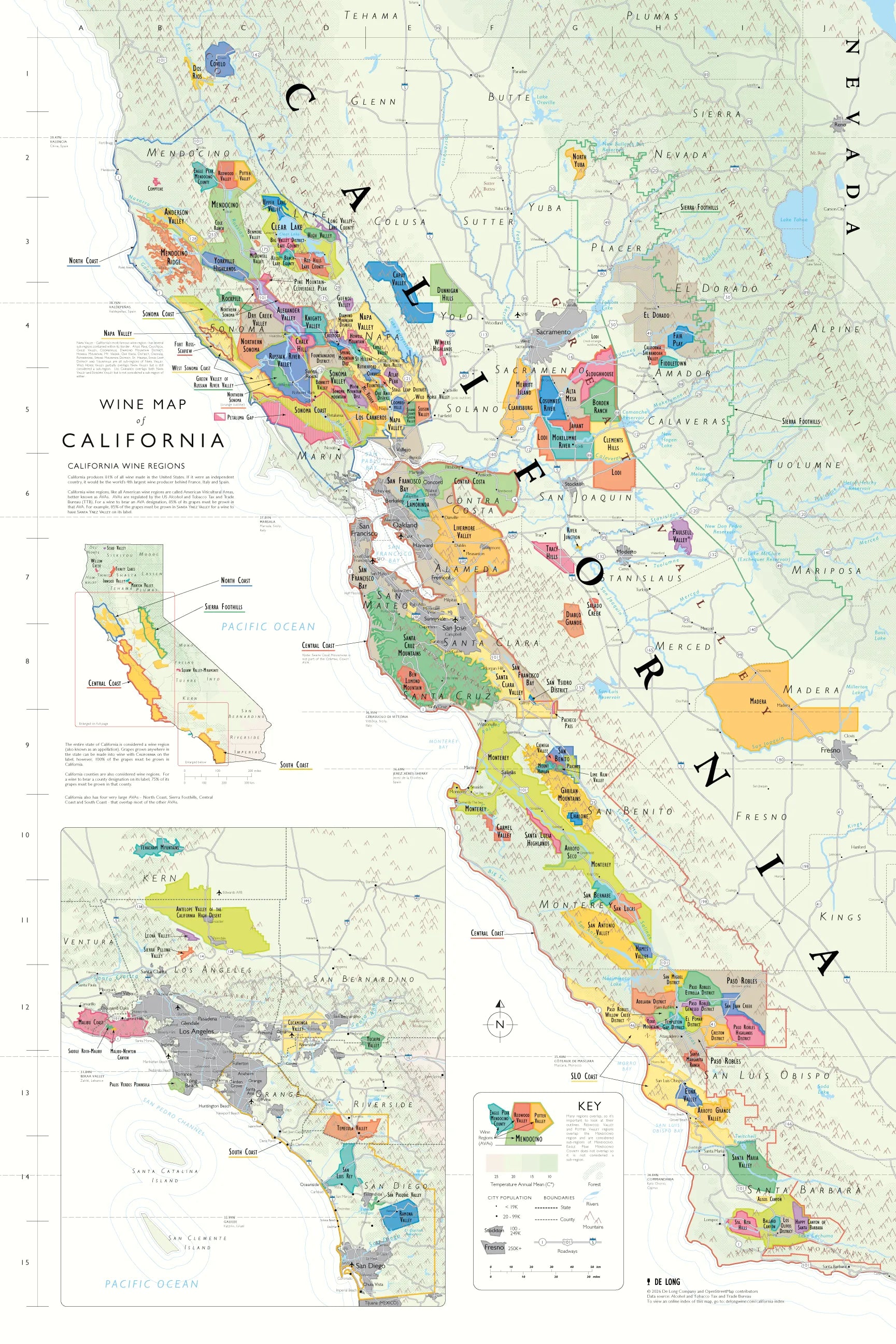 The Wine Map of California (24" x 36") features detailed, color-coded AVAs, highlights Napa Valley, Sonoma, and the Central Coast, and includes a Southern California inset plus a legend explaining wine varietals.