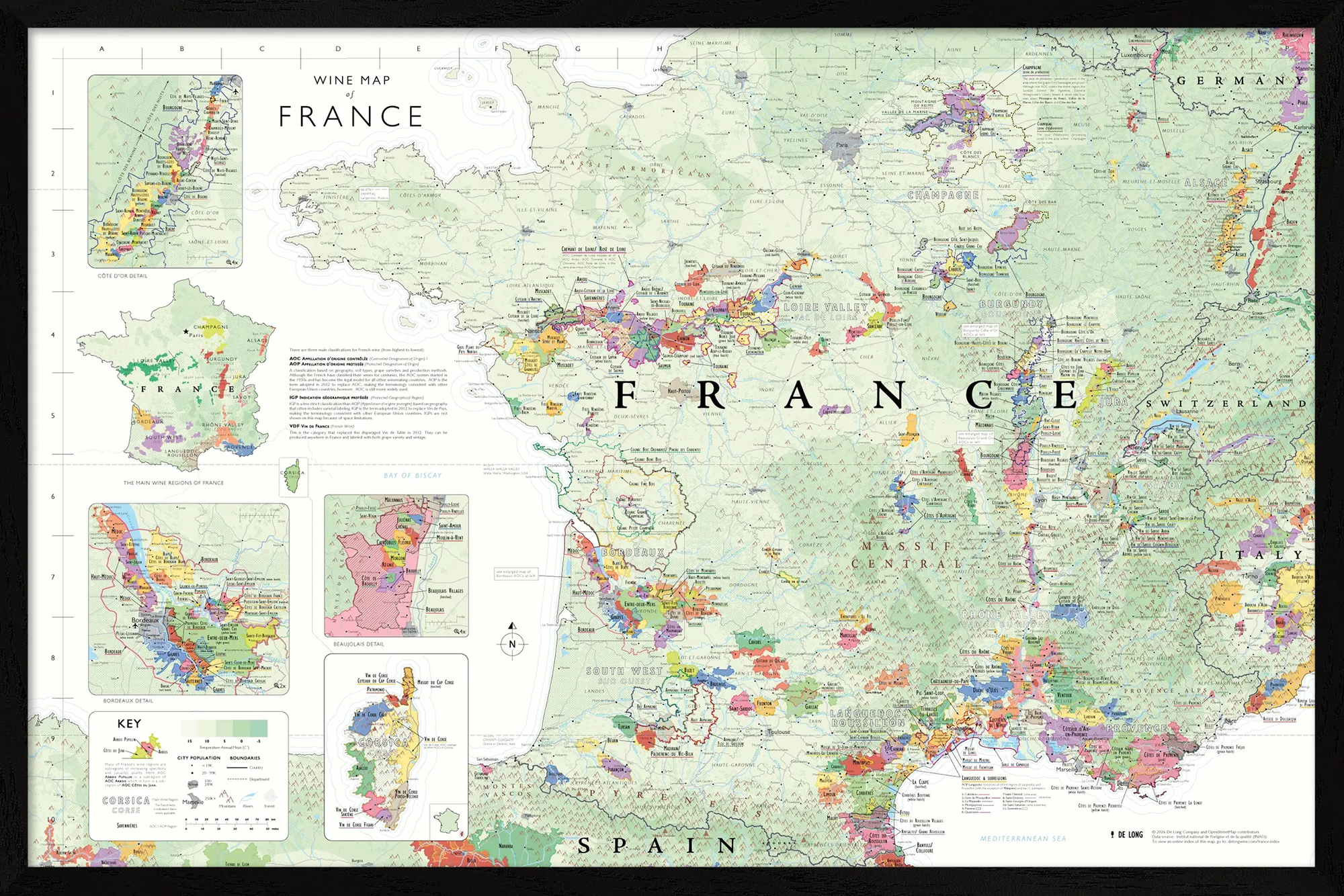 De Long Wine Map of France Framed—shows regions, vineyards & geography; stylish contemporary wall art.